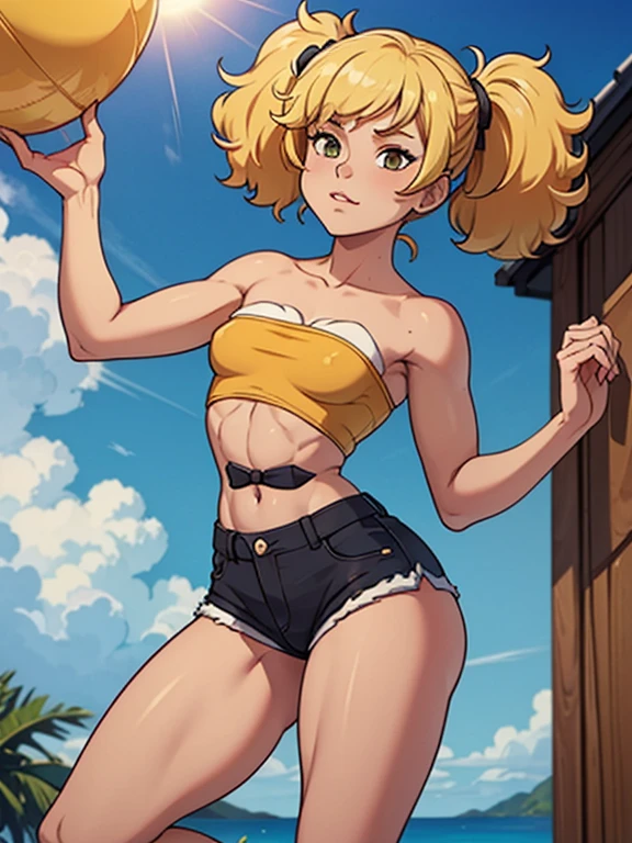 ((Obra maestra)), (1 chica), (lindo: 2.0), cara extremadamente detallada, sonriente, Corte de pelo medio, , (slim build), chica japonesa, Cara ligeramente redonda, tanned brown face, cara sana, ojos grandes, Maillot azul marino con mangas largas, Bermudas, muscular, muslos delgados, (), abdominales tonificados.