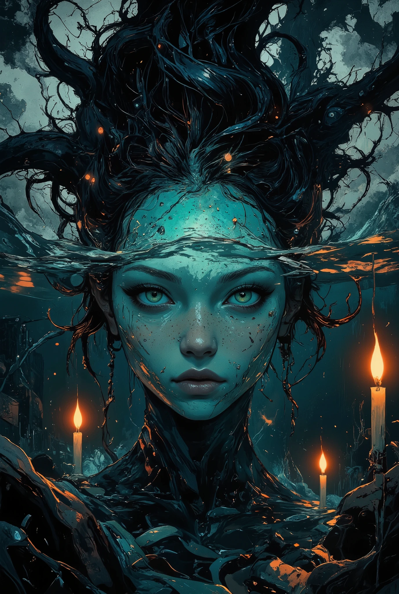 Piercingly sharp style, animanigi, 3pic_vist4, A pair of beautiful shining turquoise eyes framed by thick and very long wet eyelashes appear directly above the midnight surface of the ocean, framed by tangled wet black hair and tentacles of a giant octopus, rain falls in silver threads from the sky, and dim embers float on the rippling water like a drowned constellation, Whispering secrets in silence.