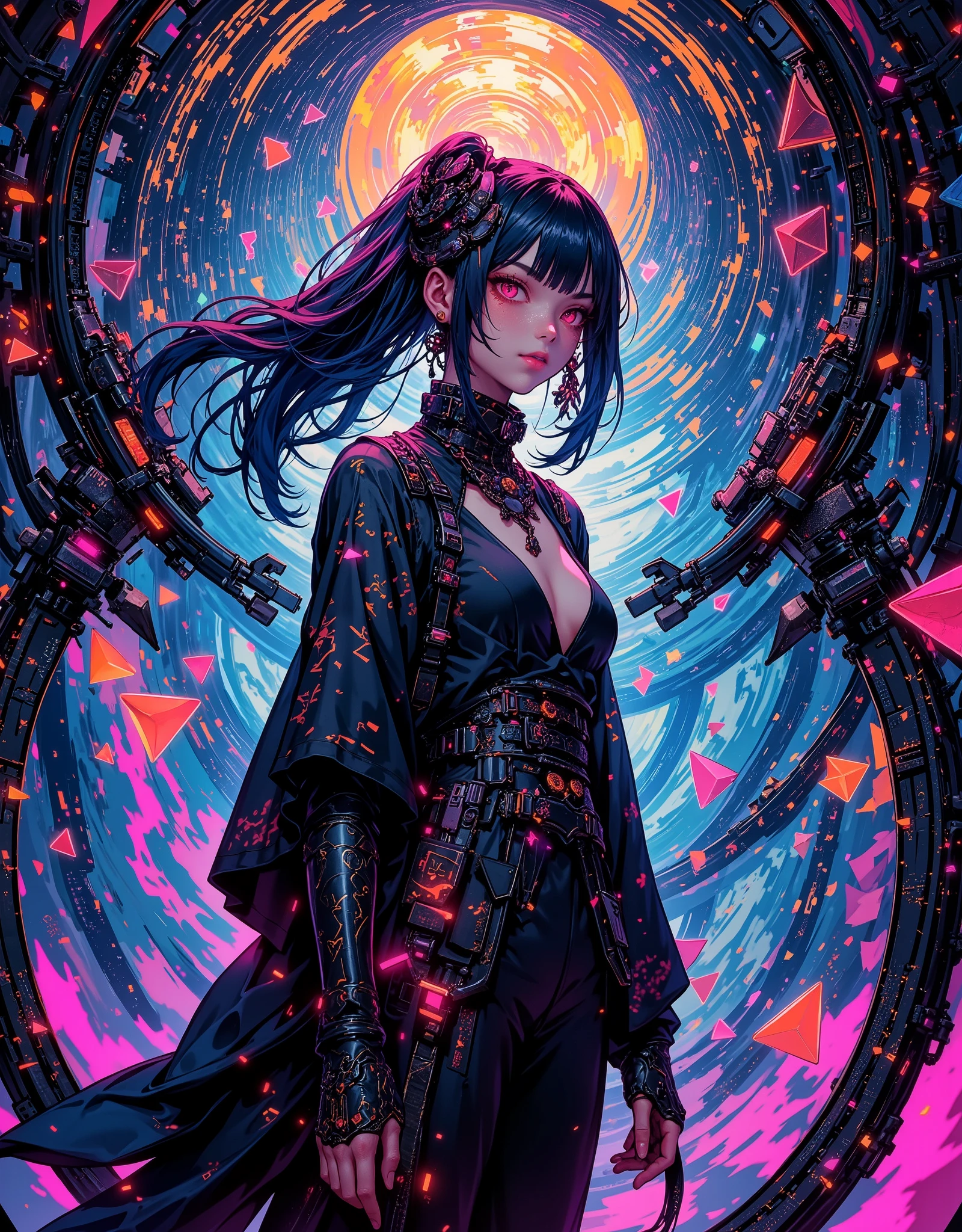 high resolution, obra-prima, melhor qualidade, 1 garota, demonic technology, muitas tatuagens, roupa futurista, saia, sentado, detalhes neon, estilo cyberpunk neon, ao fundo, A shadowy laboratory;, pele finamente detalhada, seios enormes, pernas muito musculosas