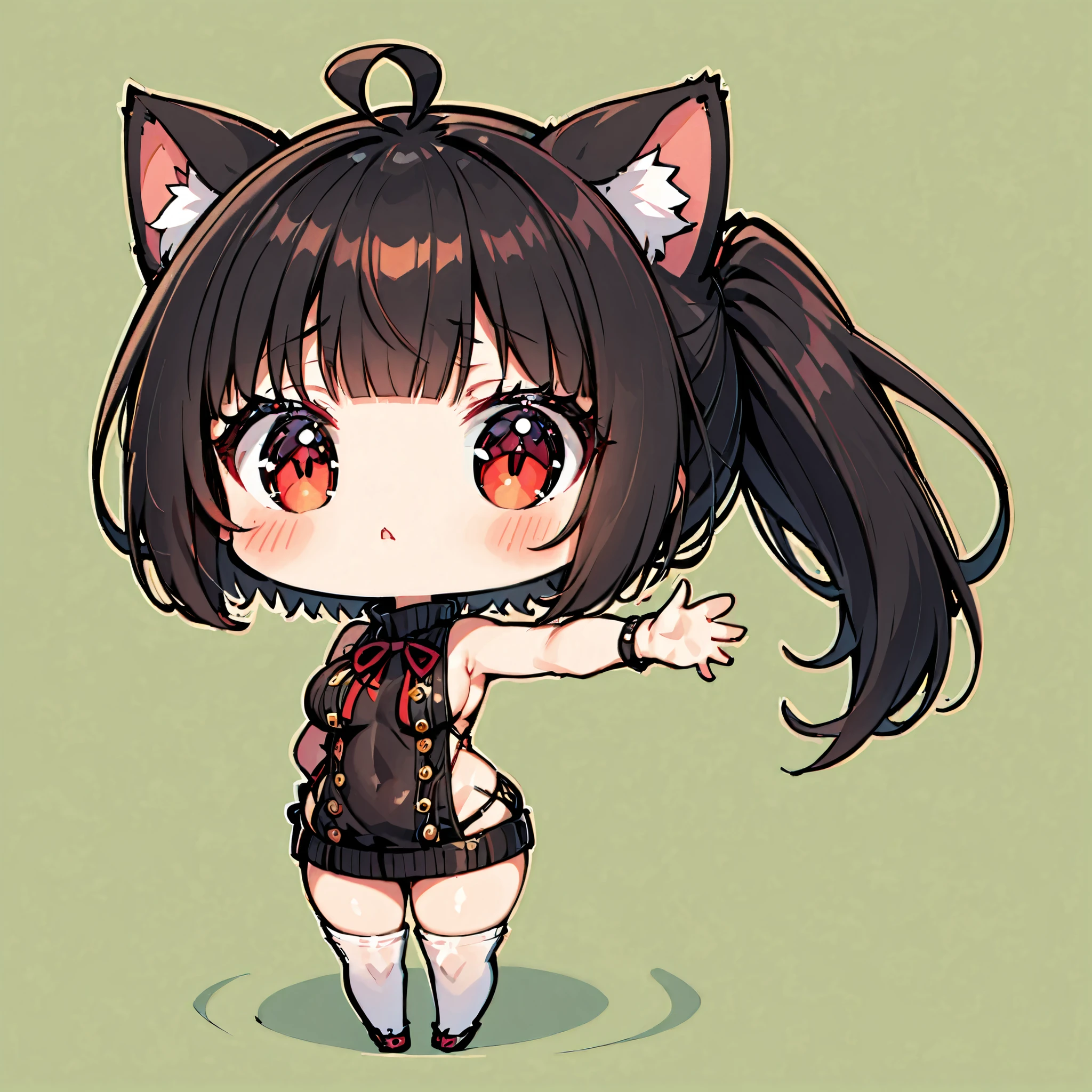 ((only one girl)), A dynamic , Illustration of vocaloid chibi, full body, head on, solo, junkotvv, big breasts, ((cat girl, cat ears)) ((One multicolorido black hair, (Ahoge), straight bangs,)), Long hair, ((beautiful red eyes)) sharp eye, Beautiful skin, extremely sexy body, pretty face , , virgin killer sweater, high ponytail,skin tight, , reaching forward , , ((simple uniform green background )),