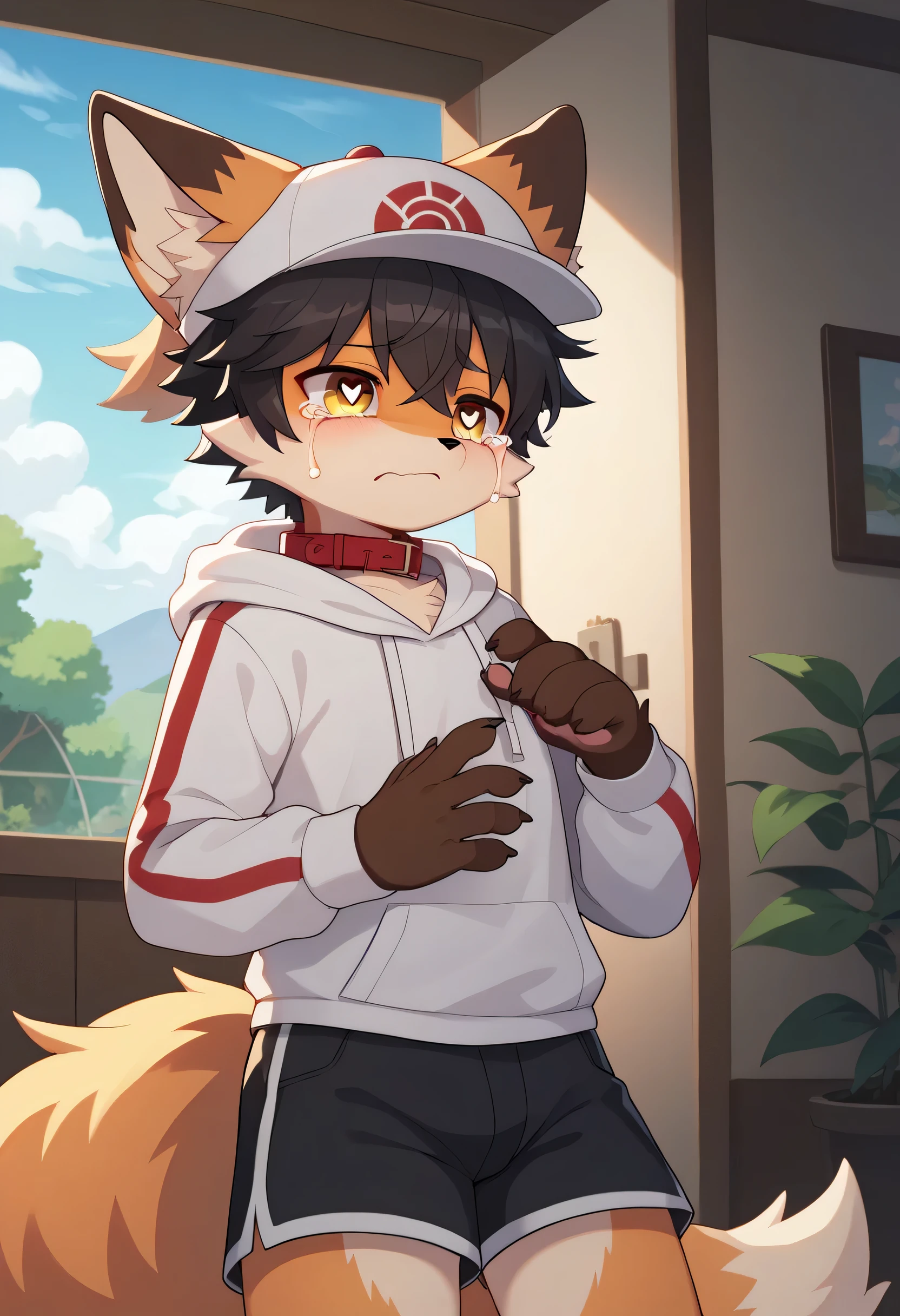 Cute kemoshota, dynamic angle, sniffing his friends underwear secretly, at school locker room, trance, feeling ecstasy, short statue, short height furry male cub Shota, whiffing pants, blushed, teardrops, sweat drops