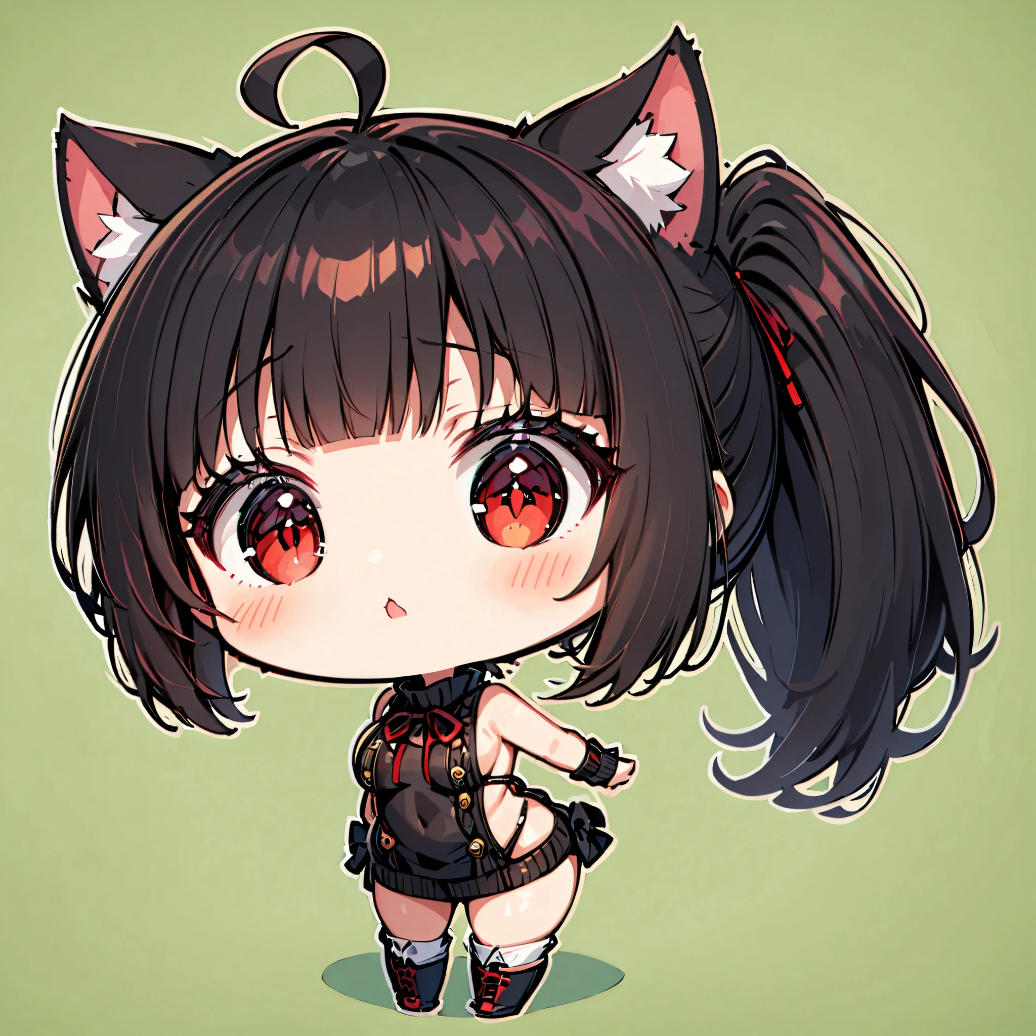 ((only one girl)), A dynamic , Illustration of vocaloid chibi, full body, head on, solo, junkotvv, big breasts, ((cat girl, cat ears)) ((One multicolorido black hair, (Ahoge), straight bangs,)), Long hair, ((beautiful red eyes)) sharp eye, Beautiful skin, extremely sexy body, pretty face , , virgin killer sweater, high ponytail,skin tight, , reaching forward , , ((simple uniform green background )),