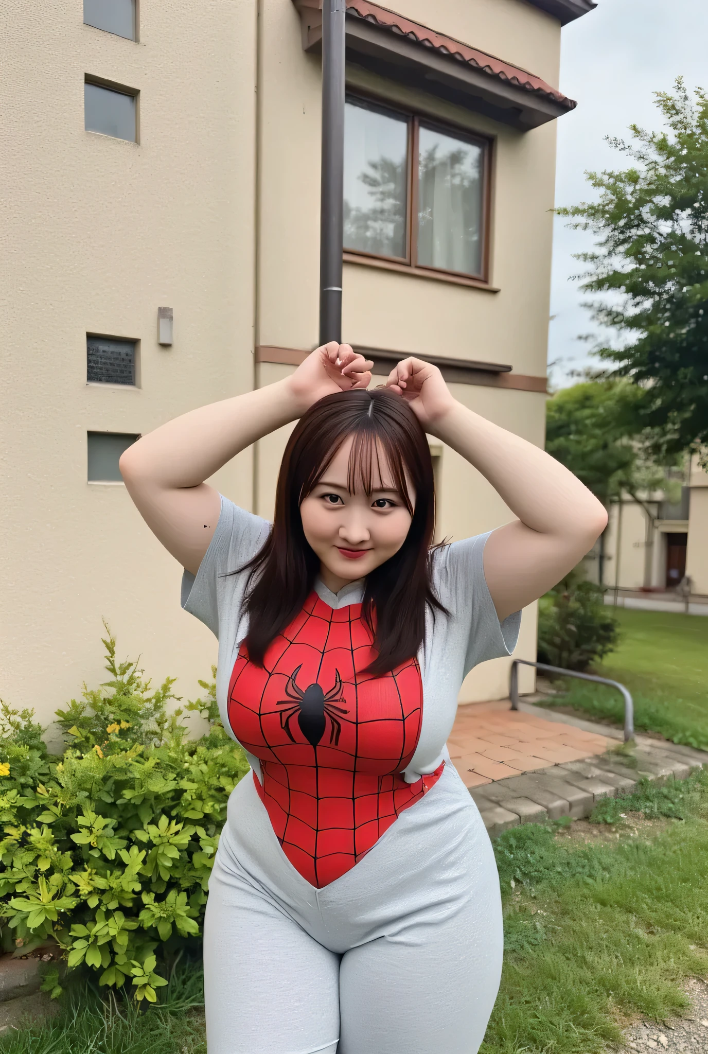 Full-figured body, Plus-size woman, Spider-Man, Peter Parker, NSFW, 1 girl, (cleavage cutout : 2.5), realistic cleavage, (She is wearing nothing but a highly detailed, realistic, skin-tight rubber Spider-Man suit with a plunging neckline. : 1.9), (Deep Cleavage : 1.9), (Plump body : 1.8), (Full-body shot from a moderate distance : 1.9), looking at the camera, sensual, Voluptuous Style,