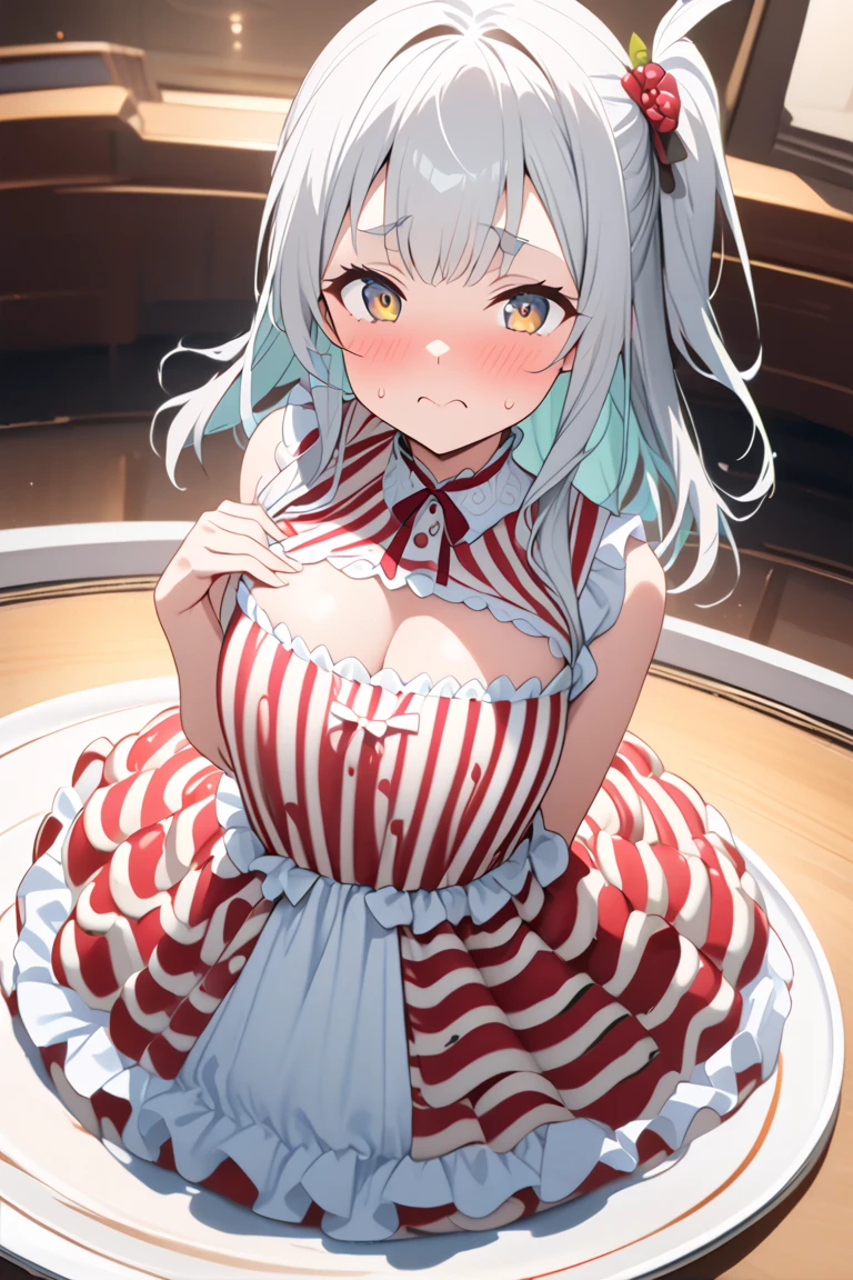 (masterpiece:1.2、Highest quality、Tmasterpiece)、1 female、alone、classroom、Day、stand、beauty、(blonde)、ponytail、Red eyes、(Oversized Sailor Suit:1.4)、(Dark Skin:1.4)、break、Big Breasts、Big Ass、Long sleeve、corset、Earrings、lipstick、(pantyhose:1.2)、choker、mini skirt、blush、Covered breasts、Bangs braids、(Thick lips:1.2)、Big nipples、((breasts on tray:1.2)),breast rest,tray, holding, holding tray