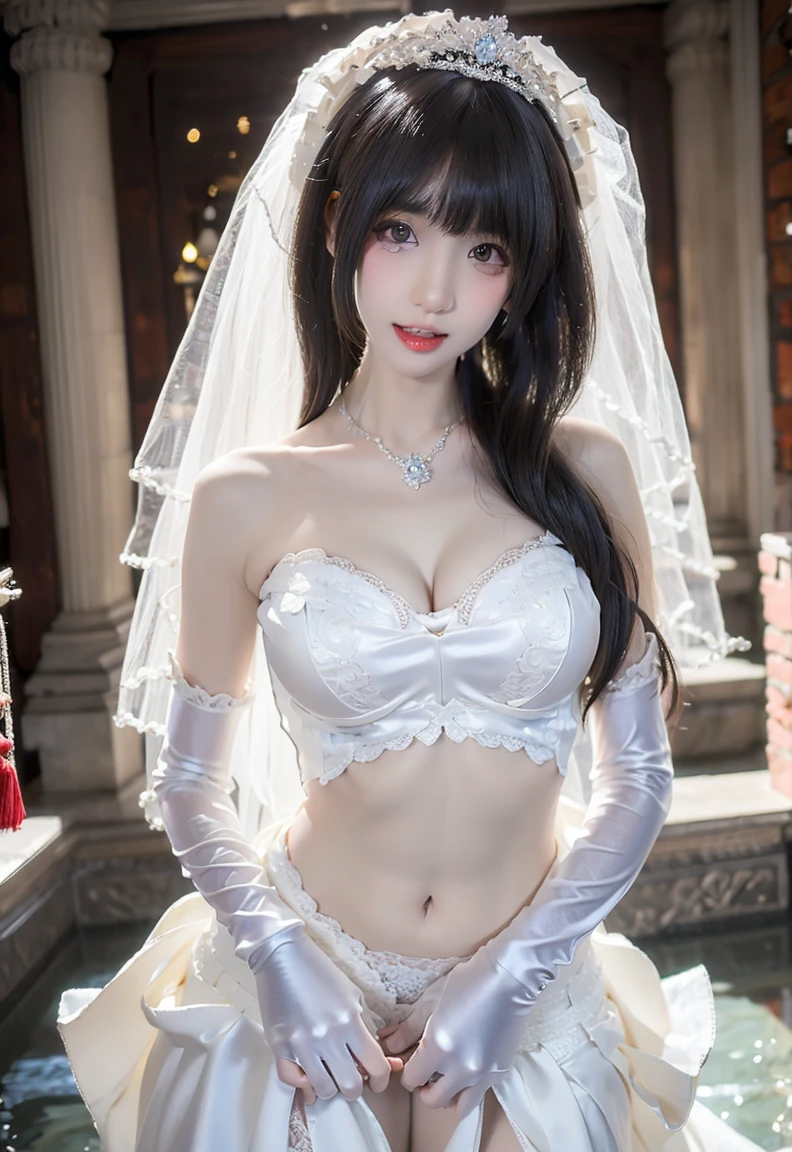 (((Pixel perfect, Perfect details))), alone, 1 girl,bride, yuigahama yui, pout, 美丽bride穿美麗婚紗的特写,Gurwitz, (((bride頭紗))),(transparent short veil),blush,eye shadow,Blushing face,Head flower,headgear,((bouquet)),((((tube top wedding dress)))),(((strapless wedding dress))),(bare shoulders),pure white dress,(necklace),((earrings)),(large breasts:1.3),Bangs,lipstick,((White long elbow gloves)),Half-length photo,High-detail RAW color art,White long skirt,There is a railway track next to it,(standing on the railroad tracks:1.3),18 years old, (long twintails:1.5),(double bun:1.5), black hair,