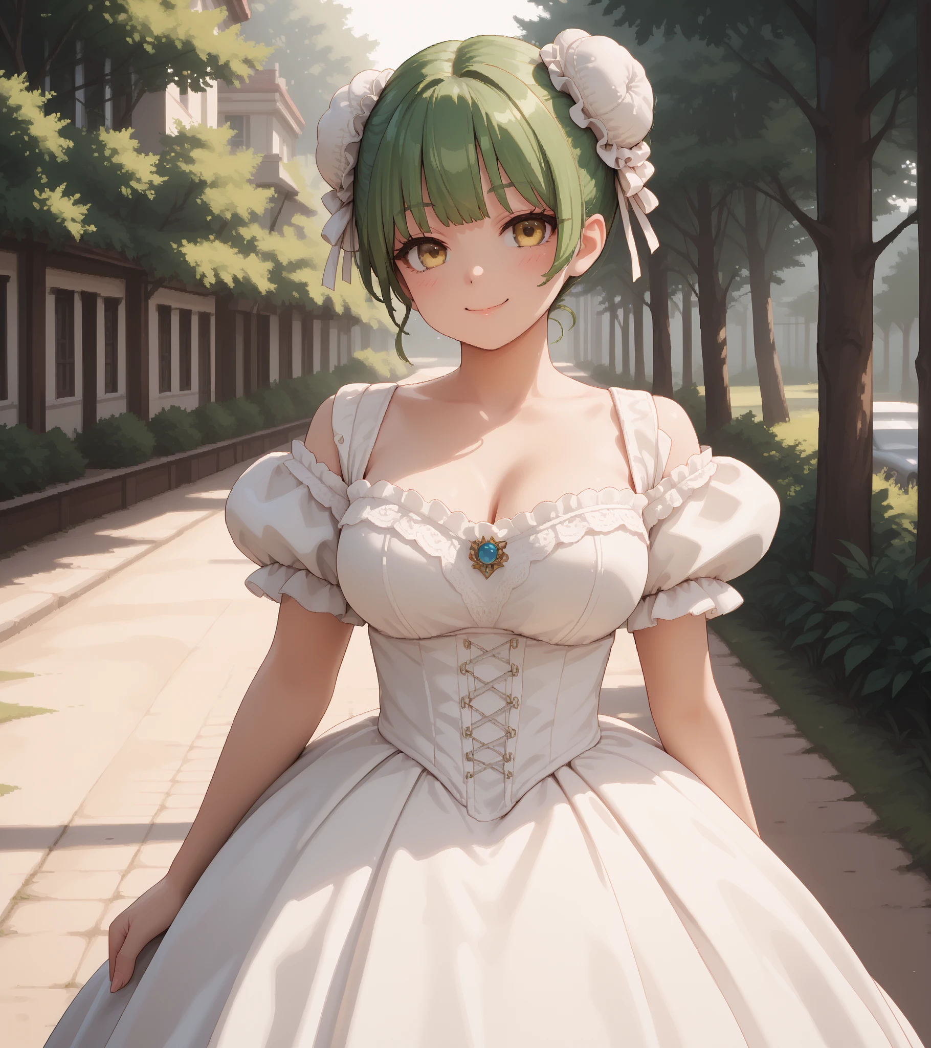 score_9, score_8_up, score_7_up, source_anime, solo, pixel art, 1girl, (bun cover, double bun), hoopdress BREAK
Large breasts, green hair BREAK short hair, double bun, (bun cover), yellow eyes BREAK
Victorian_dress, white dress BREAK
Looking at viewer, happy face, closed mouth, blush, hand up, waving hang, walking
outdoors, (fancy kingdom), victorian_buildings, forest, pine trees