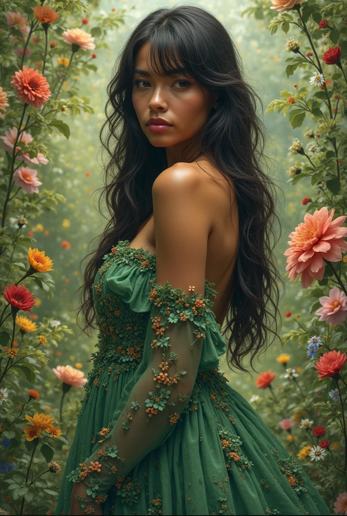 (photorealism:1.2), beautiful woman, sitting on bed, wearing clothes Made of a bunch of plants, big breast, long curly hair, indoors, soft lighting, plants in background, window with sunlight, cozy room, squatting pose, realistic, intricate details, warm colors, wide spread legs, no underwear