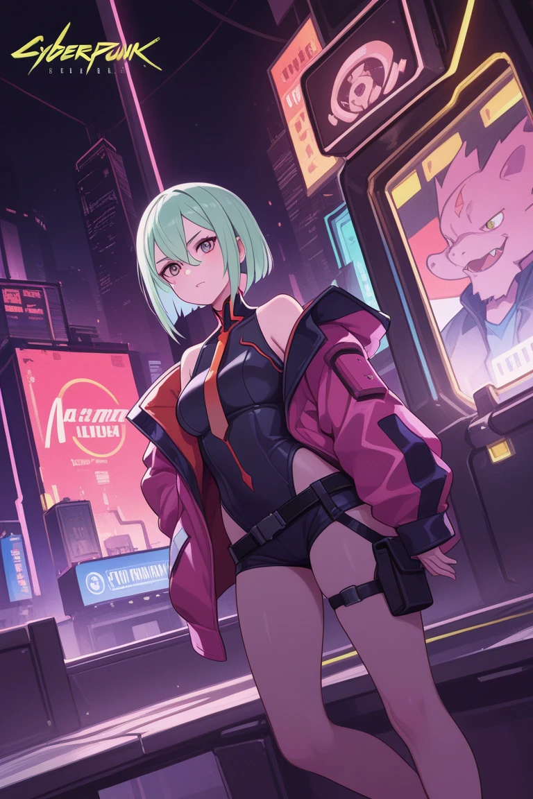 (extremely detailed CG unity 8k wallpaper), (ultra-detailed), masterpiece, best quality, lucy \(cyberpunk\), bodysuit, solo, breasts, cyberpunk city, multicolored hair, short hair, looking at viewer, medium breasts, black bodysuit, grey eyes, hip vent, clothing cutout, thigh gap, covered navel, white jacket, bare shoulders, short shorts, couch,city background