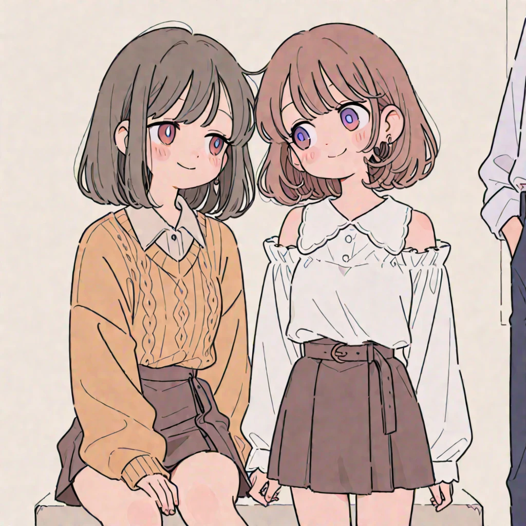 girl,Character design sheet,Beautiful attention to detail,Beautiful lip detail,Very detailed目と顔,Long eyelashes,Realistic,photoRealistic:1.37,Very detailed,Professional,Vibrant colors,Studio Lighting,Sharp focus,Physically Based Rendering,High resolution,超High resolution. blue eyes,Big eyes, Long Hair,Curly hair、Black Hair,Red cheeks,Droopy eyes,Small breasts,sweater,Chino pants,Tote,whole body,Couple,male,Hold an umbrella,Sharing an umbrella