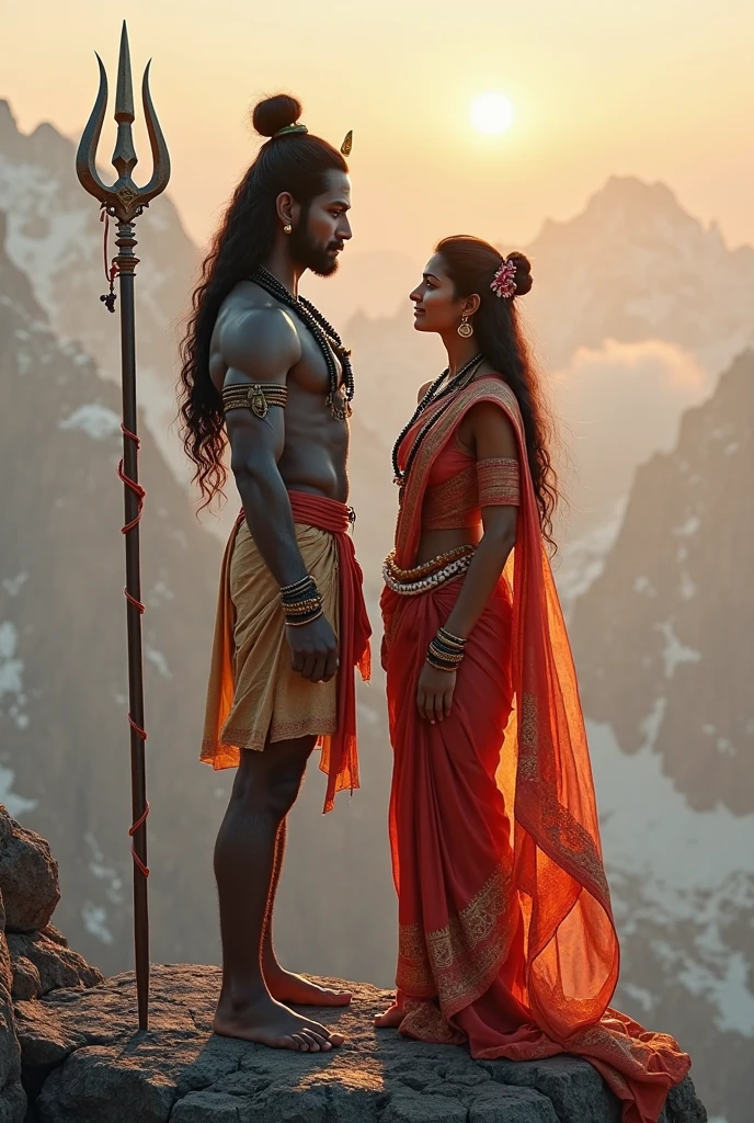 Give me a pic of maa parvati confronting lord shiva
Lord shiva is sad
Background is himalayas 
Both are wearing orange