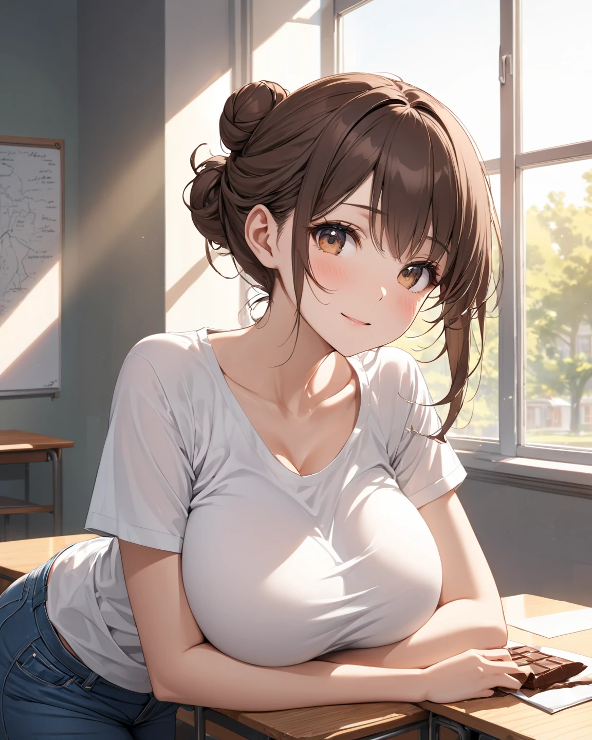 (Highest quality, High resolution, Masterpiece, 4K), (Soft light、Luster of hair、Beautiful eyes)、young woman、The whole body is visible、A begging smile ((Wavy medium short hair, bangs, Chestnut Hair)), ((Wistful eyes、Gray Eyes, Perfect Eyes)), ((Detailed face, blush:1.1)), ((Smooth texture:0.75, Realistic texture:0.65, Realistic:1.1, Anime CG Style)),Medium chest、A body with just the right amount of flesh、(Sexy thighs、I see beautiful legs)、Oversized tops、Short skirt、Sit at an office table、Cute Necklace、Earrings、Angle from the front、Peeking into this、Pants in skirt visible、Angle from below