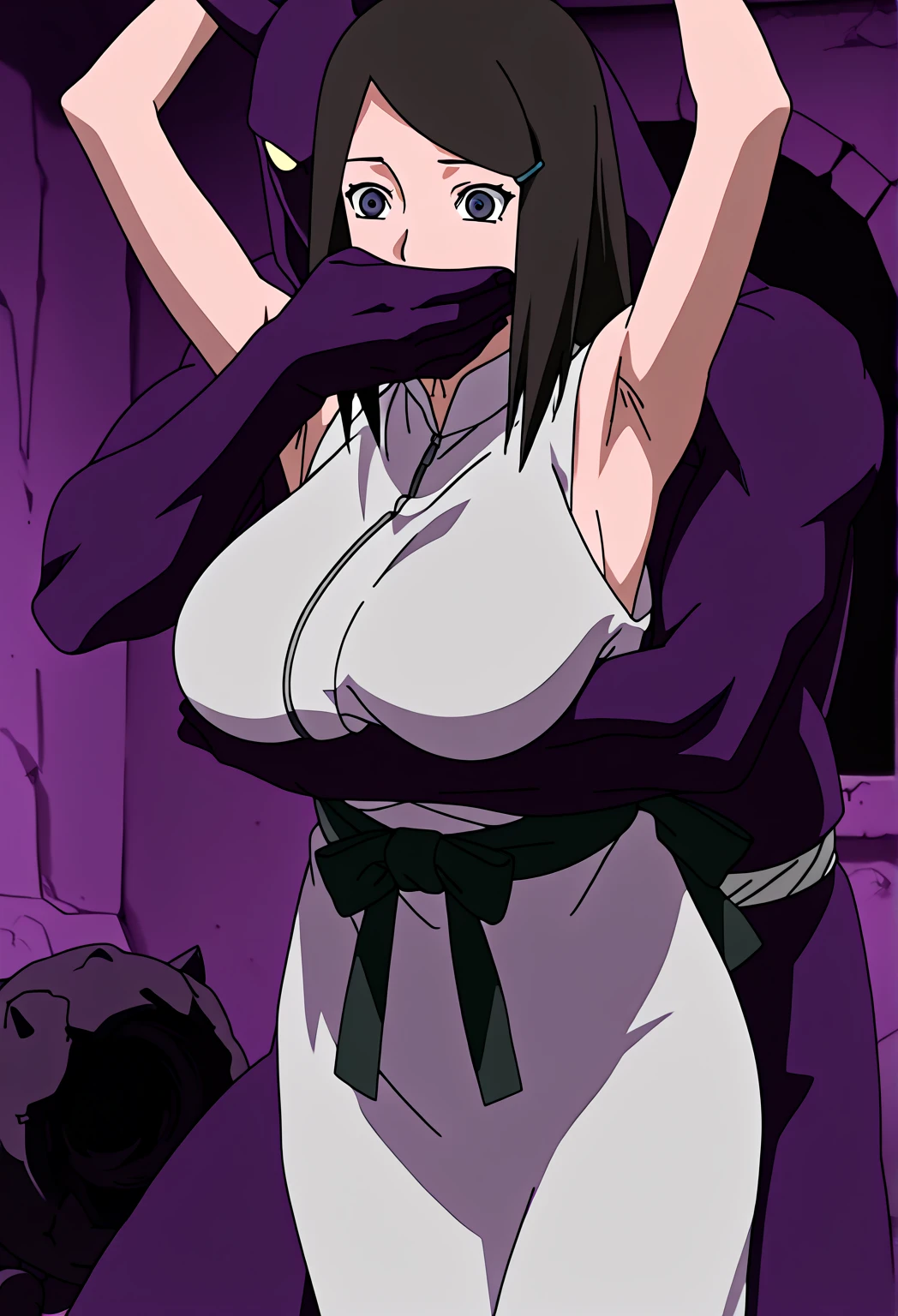 masterpiece, absurdres, 1girl, hinata\(shippuden\), solo,hooded jacket, fishnets, looking at viewer, floating hair, wind, blue pants, (Best Quality), length hair, large breasts, breasts out,Bound, Bondage, (arms behind back:1.4), BDSM, tape, TAPE BONDAGE, close-up, srestrained, best anatomy, Curled up, embarrassed face, Upper body, blushing face, humiliation, desperate, (front), (men touching her ), touching cheeks, pov hand squeezed cheeks, cheeksquash, cheek squash