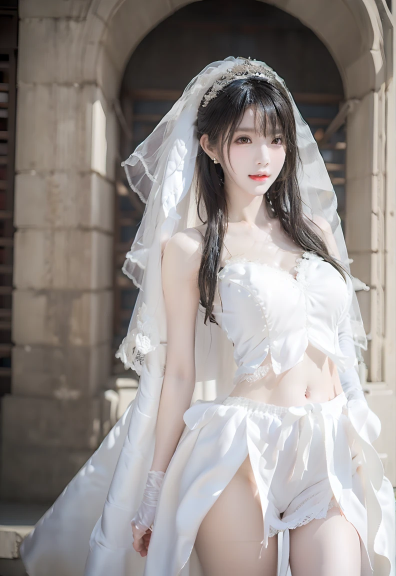 Masterpiece, high quality, beautiful wallpaper, 16k, animation, illustration, front view, overlooking camera, perfect body, detailed face, delicate features, 1girl, sexy,(the wedding: 1.5), (a lot of people: 1.5), (white gown), white condole belt bud silk stockings, (white lace underwear: 1.5), (white silk veil), (too much : 1.5), (shackles: 1.3), (leather collar: 1.3), (the chains holding neck: 1.4), (lift skirt: 1.5), (Kneeling on the ground :1.5), cameltoe, _juice,