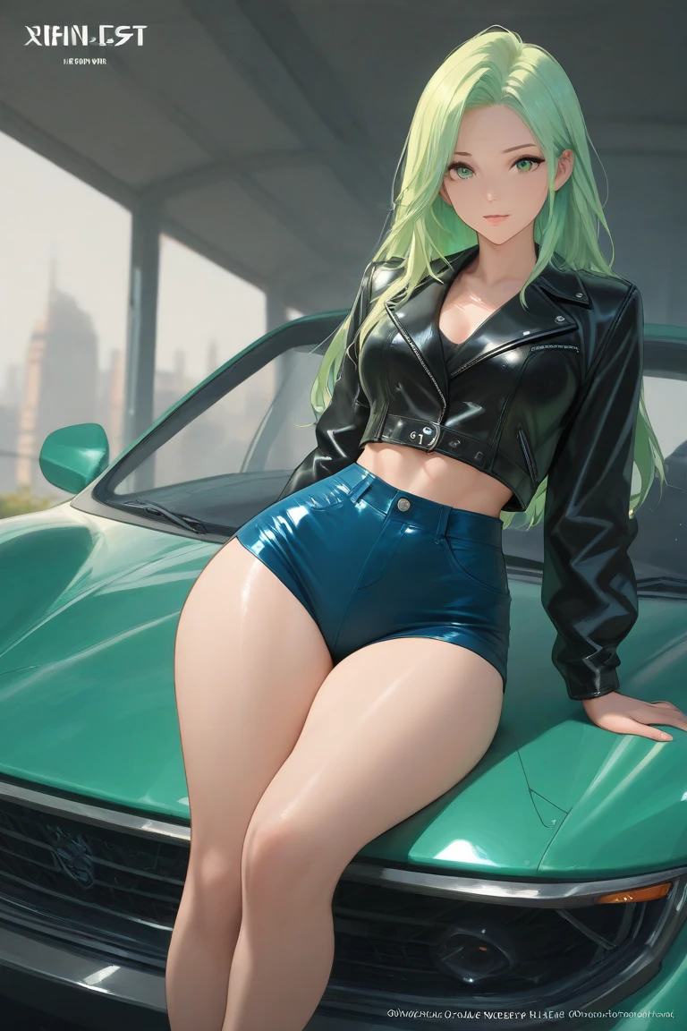 Highly detailed, High Quality, Masterpiece, beautiful, Truck-kun, <lora:Truckkun:0.8>, 1girl, ground vehicle, crash, getting hit by Truck-kun, xbox-chan, ponytail, green hair ribbon, clothing cutout, stomach cutout, cape, thighhighs, gloves, <lora:Char_Meme_Xboxchan:0.9>, fleeing, motion lines, (detailed face and eyes:1.3)