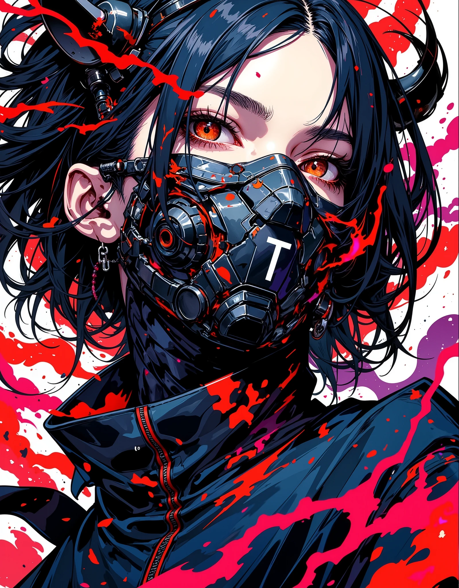 1girl, red eyes, horns, solo, jacket, mask, black jacket, earrings, jewelry, white shirt, shirt, white hair, mouth mask, hair between eyes, upper body, bangs, oni horns, open jacket,cyberpunk,neon lights,cinematic lighting,from side,looking at viewer,bad-girl,((mature female))