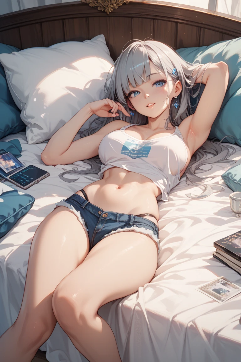 <lora:portland_v1.0:0.8>,side_ponytail,silver_hair,very long hair,heart_ahoge,heart-shaped_pupils,american_flag_bikini,fingerless_gloves,short_shorts ,large breasts,on bed,from below,<lora:heart_eyes_v1.0:0.8>,;d, lying, armpits,, masterpiece, best quality, extremely detailed face, sharp details, high contrast,