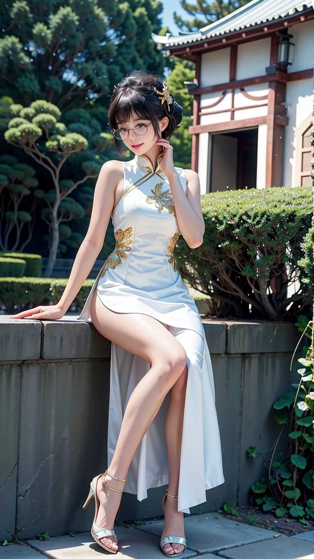 masterpiece, best quality, ultra-detailed,hyperrealistic,shiny skin,1girl,,pixie cut,((black hair)),short hair,moss green eyes,(((tareme))),smile,medium breasts,slender,standing,upperbody,white one-piece,white flowy dresses,ruffle dress,long skirt,park,
