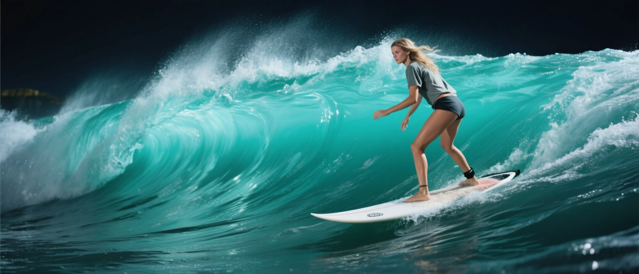 Female surfer riding a wave in the ocean early in the morning、(alone、One surfboard)、short hair、Sexy and colorful swimwear、surfing、 (Ride a surfboard:1.2)、wave surfing、Wave Splash、surfingの写真、Extreme Sports Photography、(Highest quality, masterpiece, High resolution)、8k、wallpaper、