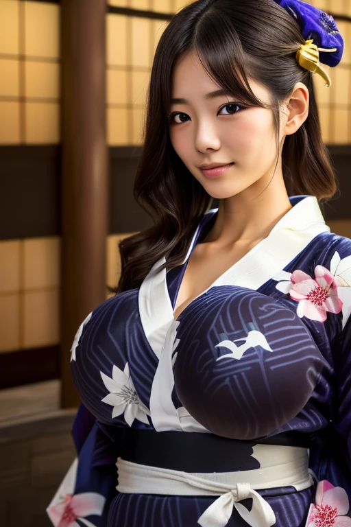 ((Best quality, 8k, Masterpiece :1.3)), 1girl, festival, round face, Pretty woman,Huge breasts,High Ponytail,Moonlight,Half Smile,yukata,Ultra-detailed face,Leaning Forward, cute eyes, Double eyelid
