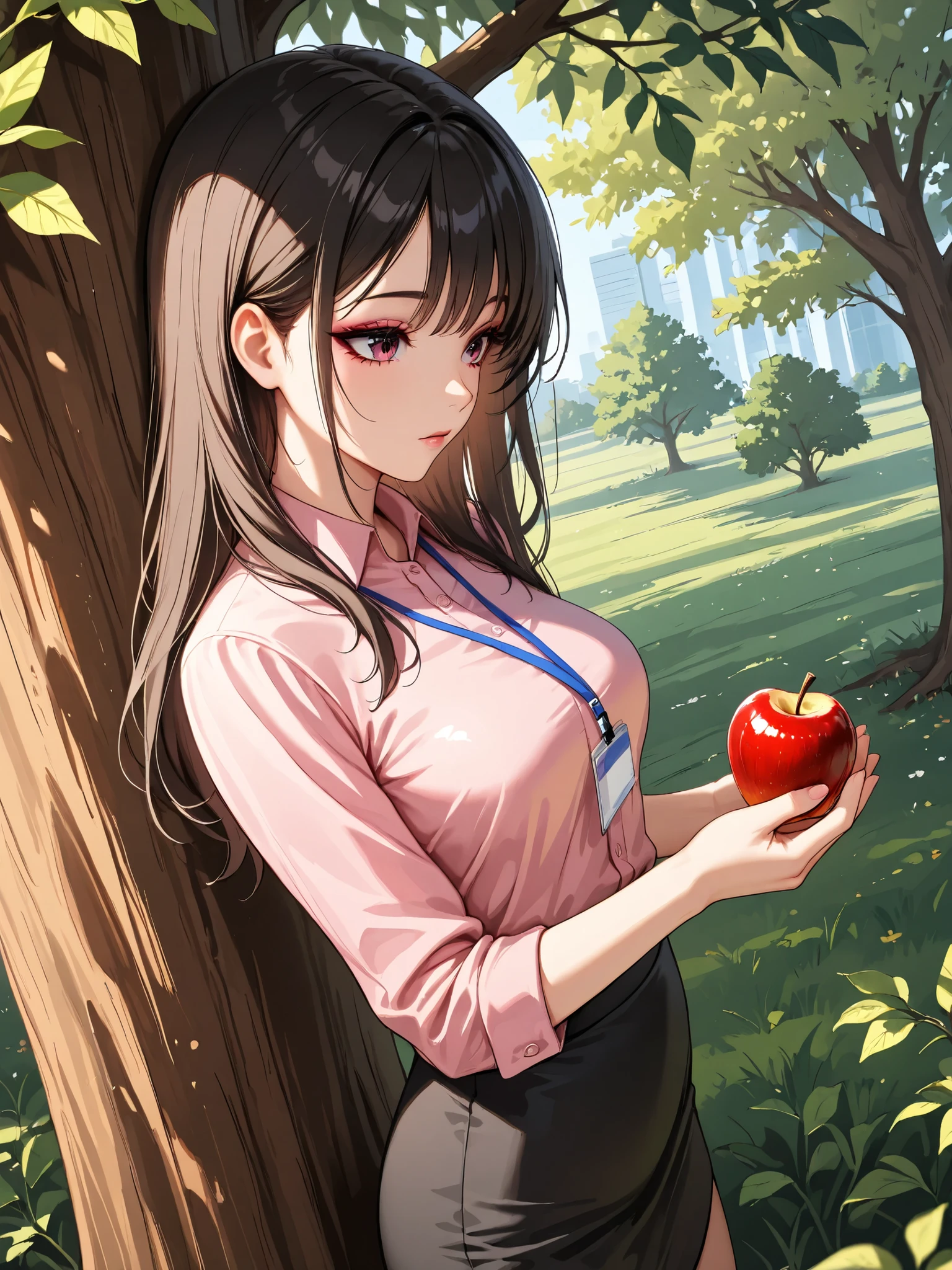 1 girl,Cute girl wearing glasses holding an apple,Very cute,eye glass,a junior high school student,Ponytail with bangs,A dark-haired,very large breast,tre anatomically correct,Precise fingers,student clothes,chest pushing up clothes,photorealisim,​masterpiece,