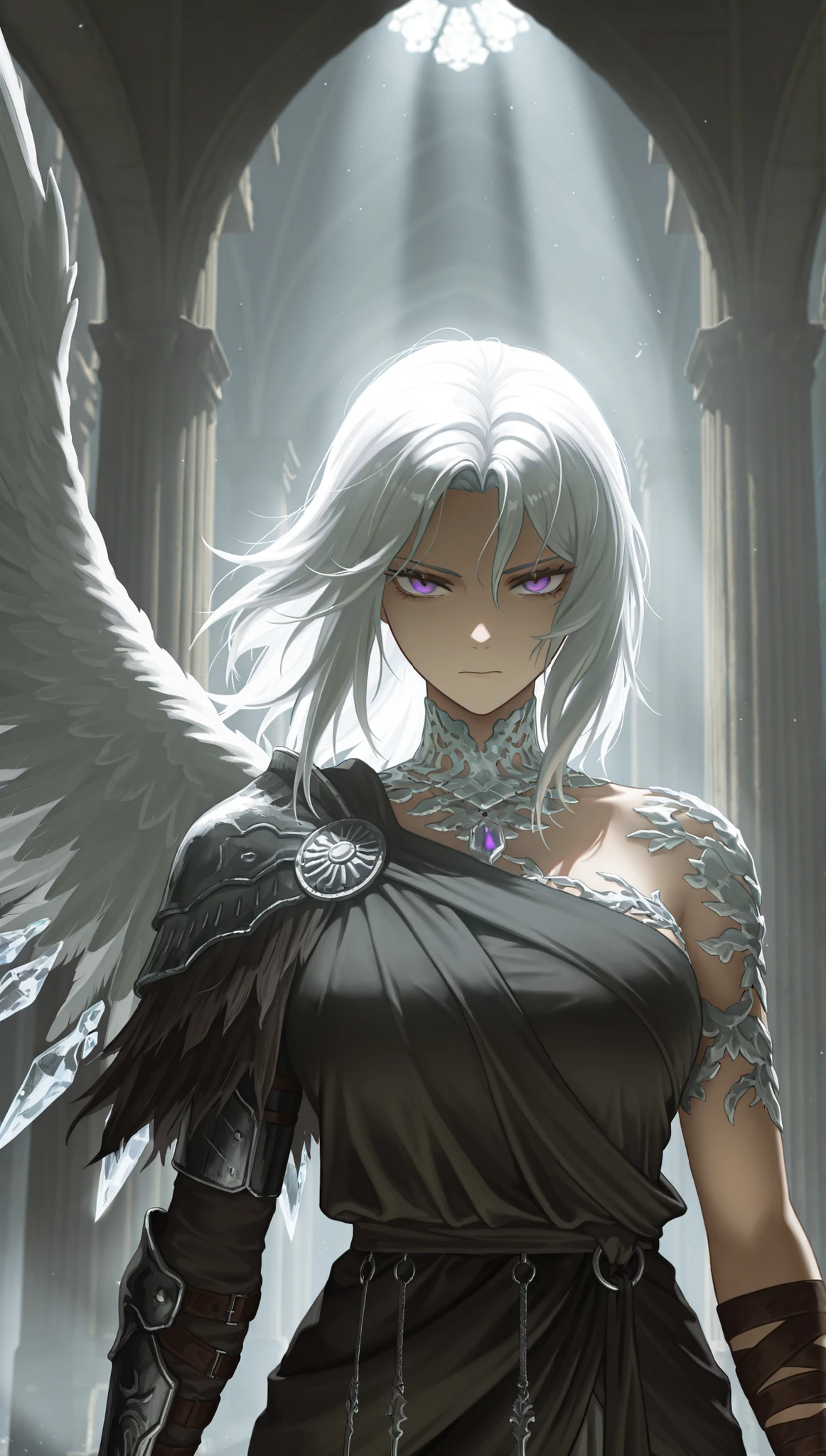 in the style of [arknights|(748cmstyle:0.5)], god rays, darkness, dark souls, dramatic lighting,cinematic shot,mature, masterpiece, best quality, amazing quality, very aesthetic, high resolution, ultra-detailed, backlighting, backlit, dramatic, absurdres, scenery,
1girl, solo, upper body focus, closeup shot, portrait, looking at viewer, anger, serious, angled shot, (dynamic pose:1.4), medium hair, white hair, purple eyes, expressionless, tsurime, narrowed eyes, focus, cyberpunk armour, greek clothes, greco roman clothes, dark roman architecture, single wing, pristine white crystal wing

 