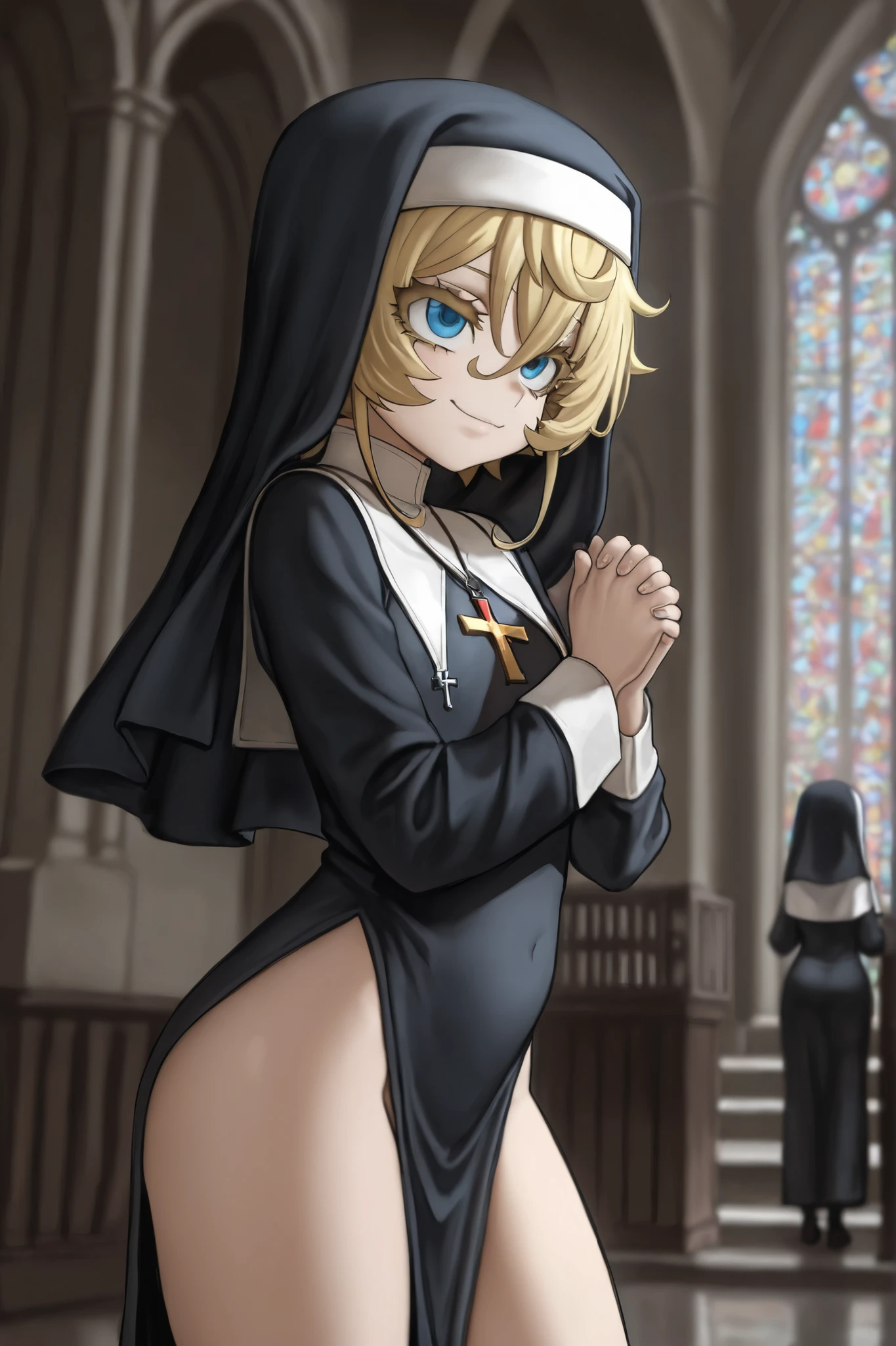 1girl, solo, indoors, facing away, Anime nun stuck in a dungeon, highly detailed, doujin, fine details, anime styled, slime in background, hyperdetailed!!, zerochan, leaking cum, biomechanical oppai, by Shingei, highly_detailed!!, high contrast, long hair, blonde hair, bimbo, bulging stomach, nun, black nun outfit, hood, uninterested expression, flat chested, wide hips, spread legs, perky breasts, big ass, covered nipples, clevage cutout, thigh gap, cleavage, cameltoe, 9-months pregnant, arched back, teen(18+), looking at viewer, brick walls, womb tattoo