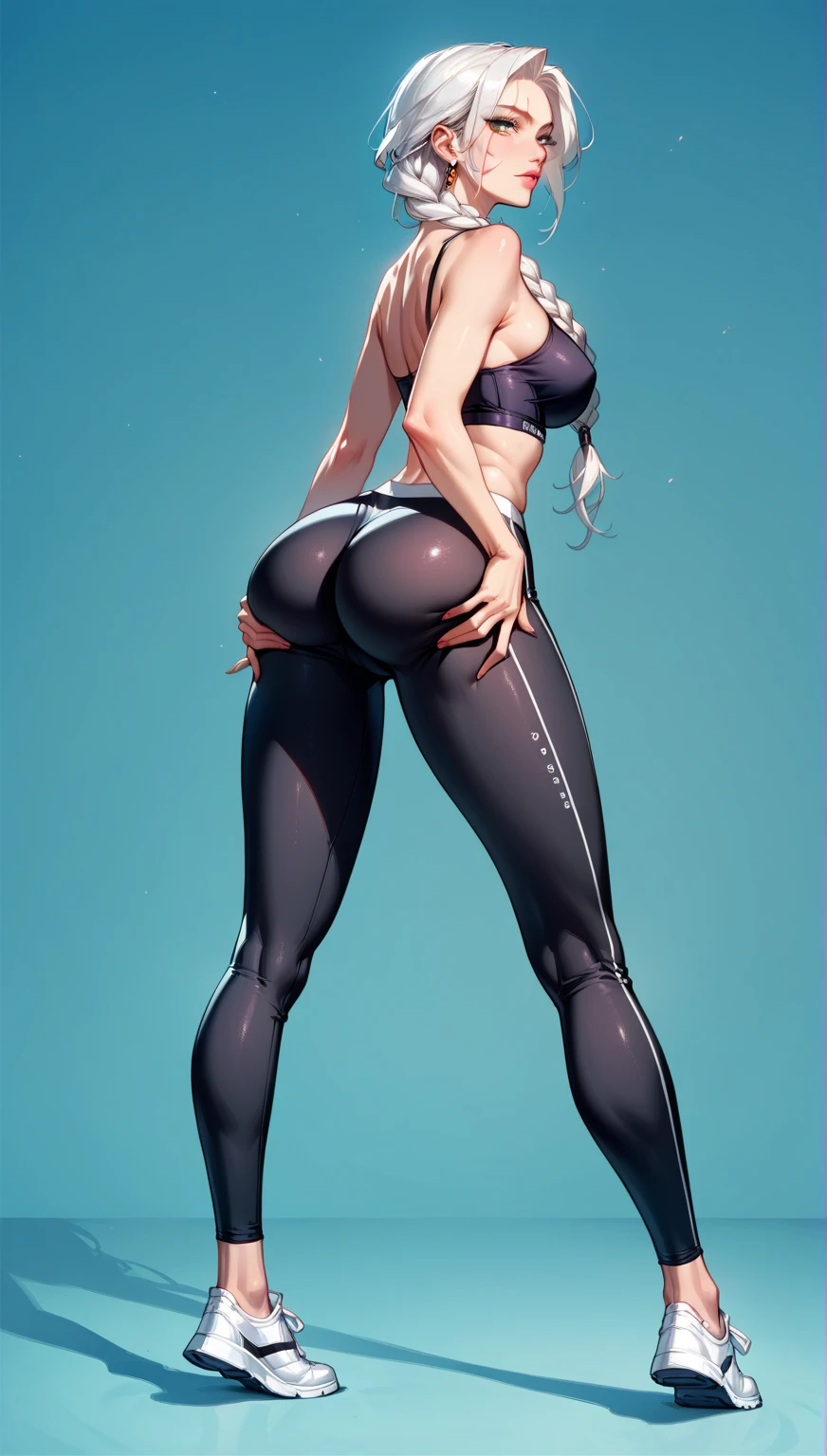 (1 mujer), (solo), maduro, pelo negro profundo, cabello ondulado, pelo corto, pale skin, camisa corta negra,(sudadera deportiva white :1.4) , cuerpo musculoso, promedio , tatuajes, (leggings white  intenso :1.4) ,(cabello white canoso :1.4), sonrisa arrogante, cicatrices en la cara, More detailed 8K.motor irreal:1.4,HD,La mejor calidad:1.4, fotorrealista:1.4, textura de la piel:1.4, obra maestra:1.8,obra maestra, mejor calidad,objeto Objeto], (rasgos faciales detallados:1.3),(Las proporciones correctas),(Ojos hermosos azules:1.4 ),  (pose vaquero), ,(Fondo gimnasia GYM aparatos deportivos :1.4 ), (medias blancas brillantes/pantys:1.4),,(perfect anatomy :1.4), (rear view, backside view),, (mostrando culo hermoso),( Only), (gym:1.4), ,( ciberpunk 2.1), (estilo kawaii :1.4) 