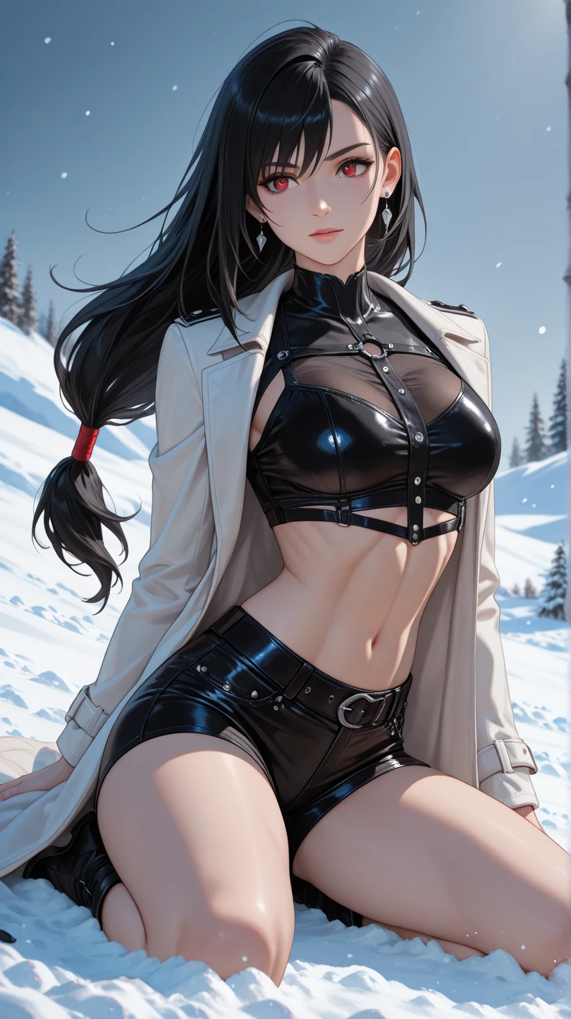 Hews style, score_9, score_8_up, score_7_up, score_6_up, uncensored, Yor Briar, black hair, earrings, white hairband, hairband, long hair, sidelocks, red eyes, BREAK (masterpiece:1.2), best quality, high resolution, (beautiful detailed eyes:1.3), perfect lighting, (perfect hands, perfect anatomy), large breasts, shiny skin,1girl, breasts, swimsuit, bikini, solo, snow, goggles_on_head, goggles, black_bikini, navel, outdoors, sitting, gloves, looking_at_viewer,side-tie_bikini_bottom, wariza, scarf, jacket, cleavage, open_clothes, black_gloves, white_scarf, day, open_jacket, sky, mountain, string_bikini, v-sign