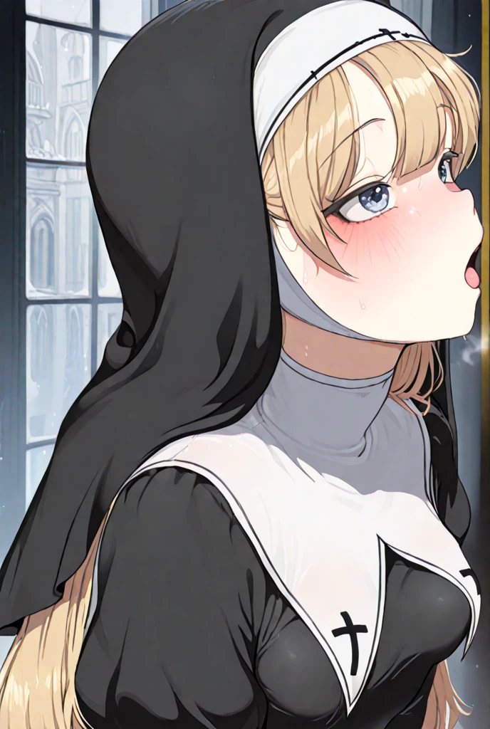 Girl with huge breasts wearing a bra and a lace nun&#39;s dress 