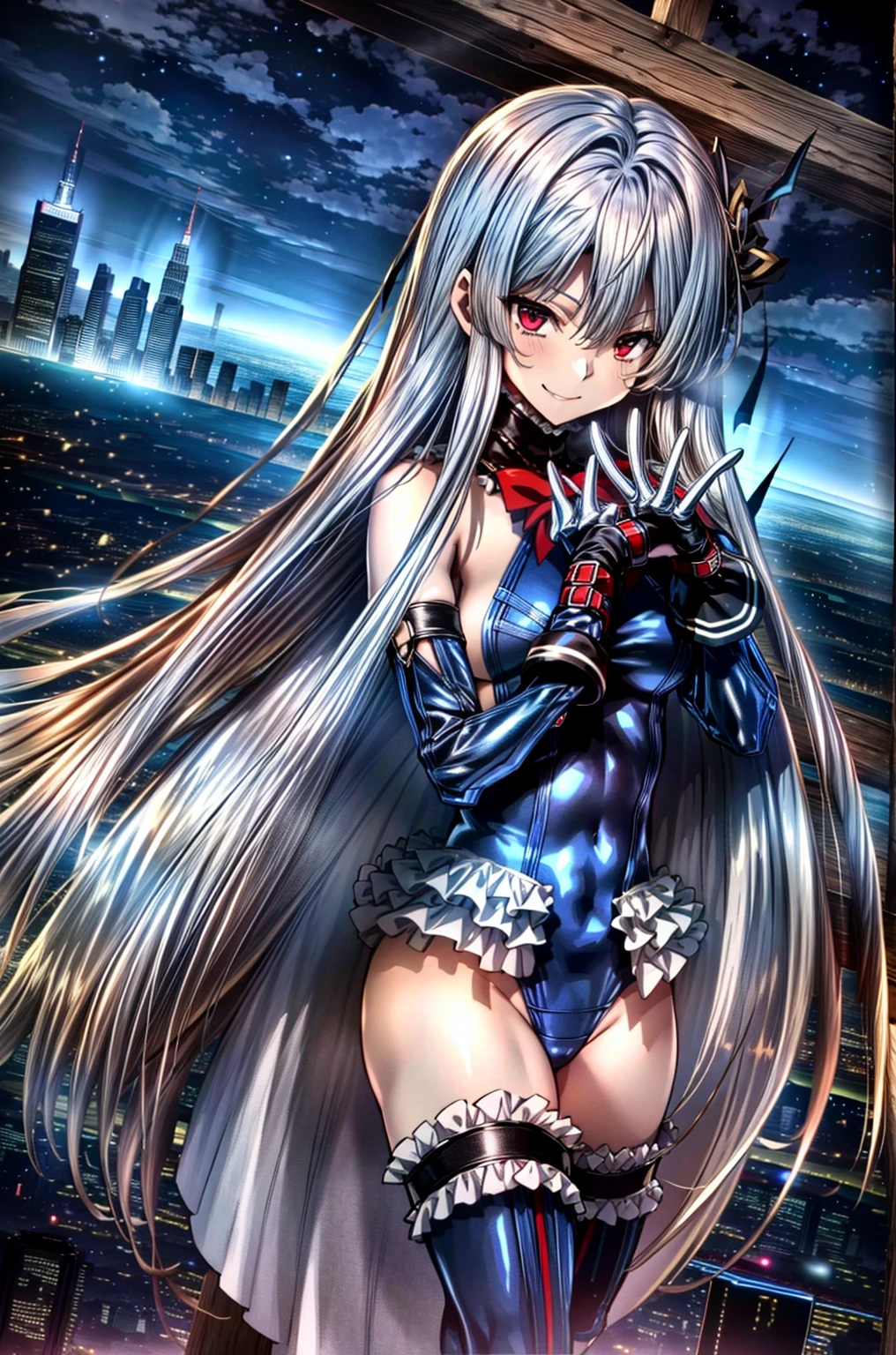 4K,Perfect Anatomy, highest quality, Marie Rose,Wicked Smile,Provocative attitude
,,Wicked Smile,Anime Style,(Ruffled swimsuit, Knee socks, Removed sleeve), (Anime Style:1.4) ,
,(White fingers:1.1,Black gloves),
Hollow Eyes,whole body,1 Girl、(In the research facility:1.2),,(very long hair:1.6),
