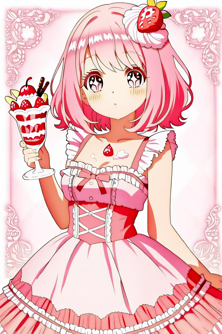 Masterpiece, best quality, high quality, ultra detailed, Girl standing on roller skates, with a tray in one hand, parfait on the tray, cream soda on the tray, pink shirt, white skirt, (loose socks), heart choker, ((cleavage cutout)), ((heart cutout)), straight bangs, big twin-tails hair, small breasts, cleavage, looking at viewer, smile