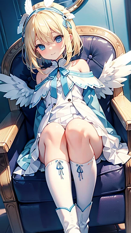 Upper position, 1girll, Blonde hair, White background, Hat, dress, Blue footwear, Wings, Simple background, signatures, flower, nail polish, Wide sleeves, Long sleeves, Blush, Animal, flor branca, Solo, full body, Bird, view the viewer, High heels, hand on own cheek, hand on own face, frilld, bow, bangs, ribbon, bell, A blue headdress, +_+, Socks, Short hair, With gray eyes, shoes, Blue nails, Feathered wings, Blue bow