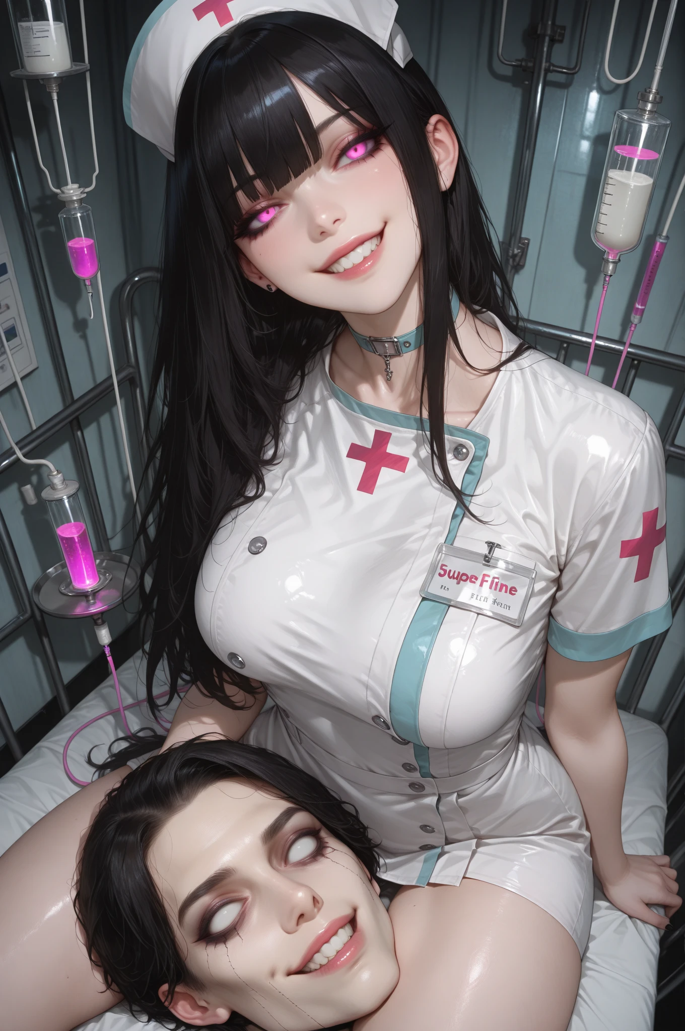 highres, masterpiece, perfect ligthing, bloom, cinematic lighting, (adult:1.4), perfect skin, female, looking at viewer, 2girls, two girls, portrait, (RSEEmma:1.8), <lora:MISC-GlossyFace:0.3> cleavage, blue eyes, big breasts, nipples, <lora:MISC-BreastInClass:0.2>, smile, :), parted bangs, very long hair, twintails, <lora:POSE-BreastGrabBehind:0.4>, (grabbing from behind:1.2), (breast grab:1.3), grabbing breast, nude, <lora:POSE-BreastFocus:0.7>, (doctor:1.0), hospital, blush, blue medical blouse, (bandage:1.1), wound, evening, medical, patient, pills,