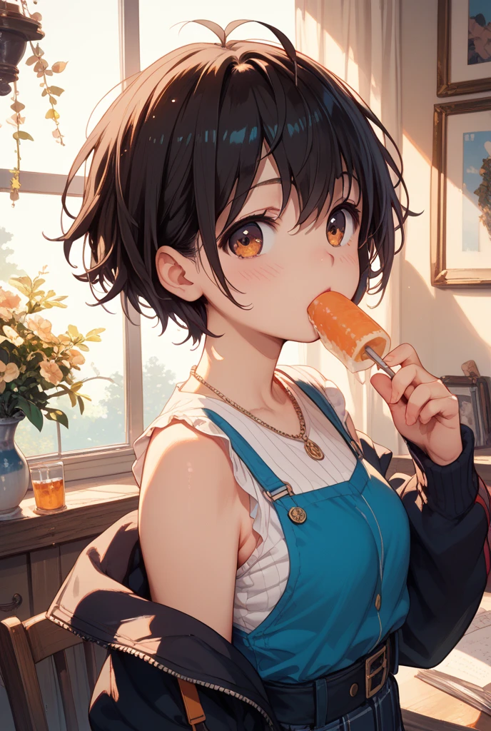 (Girl eating popsicles)、Natural volumetric lighting and better shadows、Deep Depth Of Field、Sharp focus、Portrait of an incredibly beautiful girl、Soft and delicate attractive face with attractive yellow eyes、Sharp eyeliner、beautiful small medium breasts、View other people、disheveled brown hair swept away by the wind、Eyeshadow that blushes with thick eyelashes、Separate lips、brown tanned skin、Wet sweat、(Transparent tank top:1.05)、Slim waist with open cute navel、Great neckline、Shorts with straps、(bend、Summer choking:1.1)、(In front of a small rustic snack shop in daylight、Side Vending Machine:1.15)、(beste Quality、amazing detailed: 1.4)、A masterpie、bloom、Picturesque、Vivid Watercolor Paintings