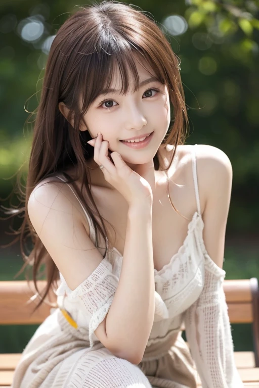 ((((Highest quality, High resolution)))), Extremely detailed 8K, Beautiful girl with slim body, (Ultra HD, Very detailed, Very detailed, Very realistic, Ultra-realistic, Photo Real), (One girl:1.5), Long Hair、Twin tails、Brown eyes, (Medium Breast: 1.2), (Beautifully detailed face, Beautiful attention to detail), (Sheer blouse:1.4),(Cleavage)、(Light of the sun, sunlight)，(slender:1.5),(Light clothing:1.6),(Open chest)、(Idol face:1.7),(Beautiful eyes)、(Beautiful face)、(Toned body:1.5),(masterpiece:1.8),Blushing、Beautiful Skin、Moist eyes、Embarrassed expression、Baby Face、Big Eyes、smile、(Slim and beautiful legs:1.4),(mini skirt:1.4),(Panty shot:1.4),(squat)、