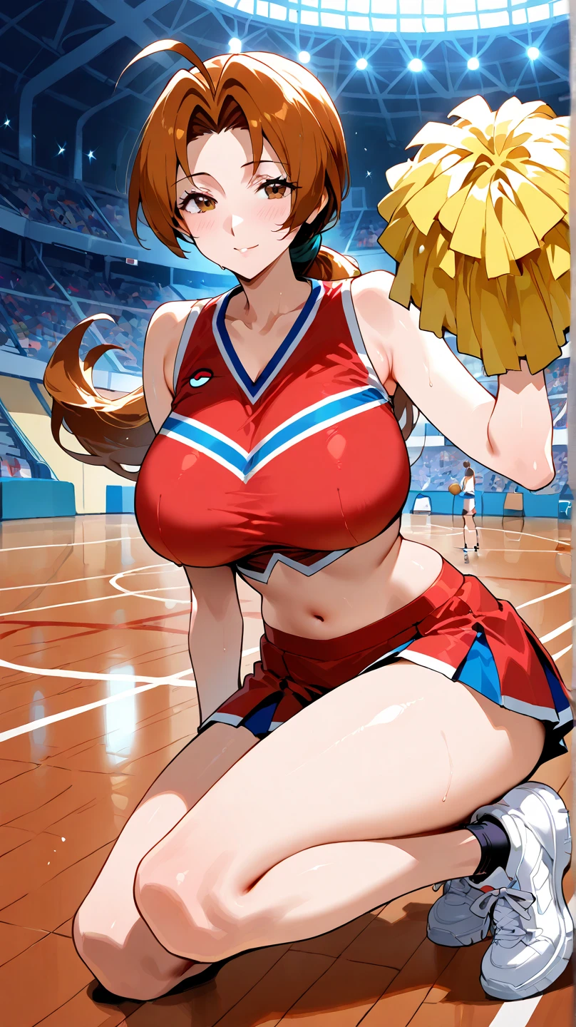 Yaoyorozu , standing , pov from top , big eyes , beautiful face , eyelashes , hot , cheerleader outfit , my hero academia style , big round breasts , sexy , thighs , anime style , cell shading , revealing thighs , side view , lifted skirt , sexy ass