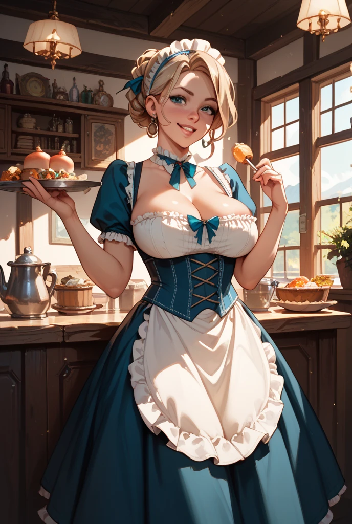 Making pancakes in the Asteria VK skillet,a blond,Twin-tailed,1little girl,Woman in her 30s,maid apronl,Laughing,kitchin,Bento,sodden,The upper part of the body