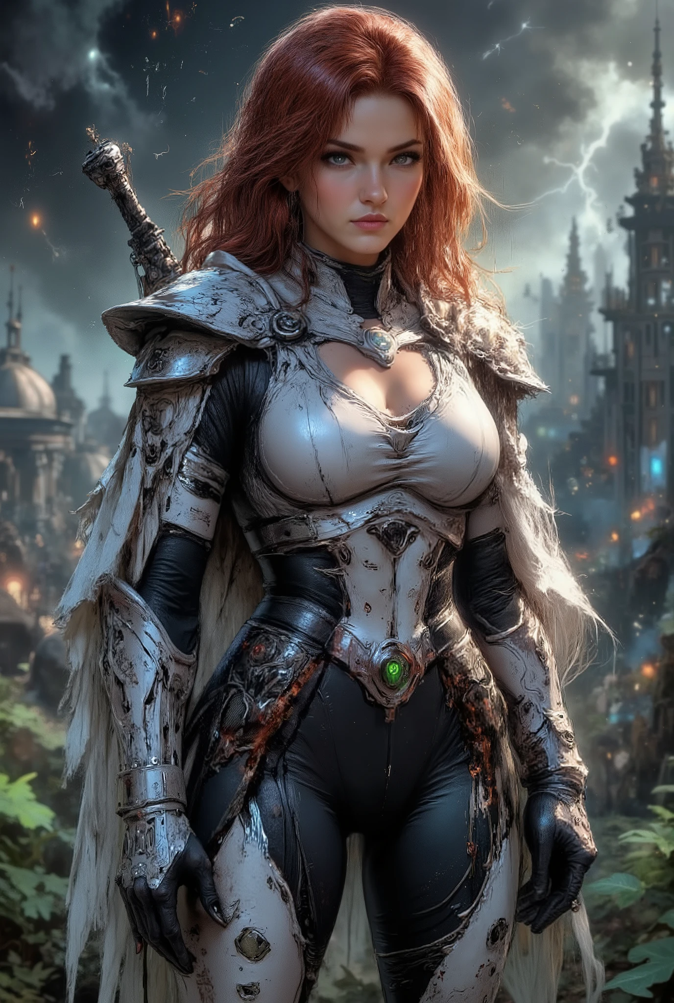 High quality, 4k, night scene. A woman in futuristic armor with long wavy red hair that reaches down her back, her hair blowing in the wind, bangs, two buns, one on each side of her head, very detailed gray eyes, long eyelashes, beautiful face, golden beauty, big and shapely tits. Torn and frayed white cape moving in the wind, long cape with hood removed. Her armor is very detailed and advanced glossy white and matte gray. Tactical futuristic metal protectors on her forearms, articulated white and hydraulic mechanical gloves. She wields an AR15 model assault submachine gun with an X4 reflex sight, narrow waist, bulky advanced hydraulic boots in matte gray and glossy white, normal hips, very proportionate round and nice ass. She stands on top of a cliff while lightning illuminates an abandoned city with domes, a city covered in ruined vegetation. Very apocalyptic scene. She's serious as it rains, and she gets completely wet. Her figure is heroically silhouetted against the light. Several very dynamic and challenging poses. Professional action movie camera.