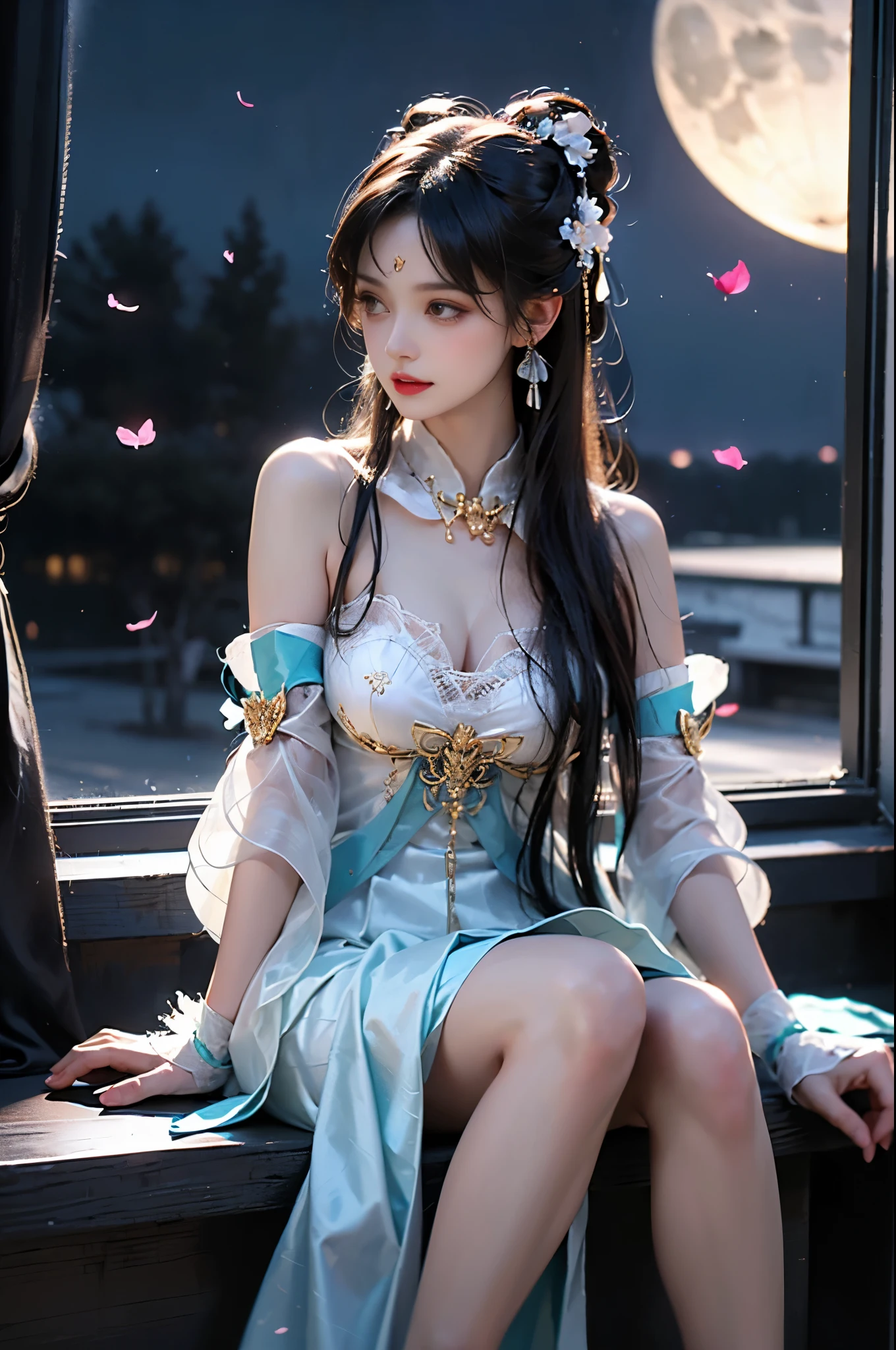suwen, 1girl, solo, cosplay, hanfu,chinese clothes, necklace, bare shoulders, detached sleeves, long sleeves, detached collar,shoes, hair ornament, hair ribbon, hair flower, jewelry, long hair, brown hair, bangs, ,, ((masterpiece, best quality, ultra highres, realistic:1.4)), (Random shooting Angle), mix4, (At night, moonlight:1.3), beautiful detailed face, (photorealistic:1.37), (sexy long legs:1.2), slender figure, ((By the window, sit on the windowsill, The windowsill position is relatively high.)), (Full breasts, large breasts, visible cleavage, and very short skirts), one leg extended, the other leg naturally bent at the knee, accurate and beautiful leg shape, exquisite face, one hand gently lifting the skirt, long hair blowing in the wind, soft shadows, depth of field, (detailed background:1.1), (ambient occlusion:0.3), (Many scattered petals, petals dancing in the air)