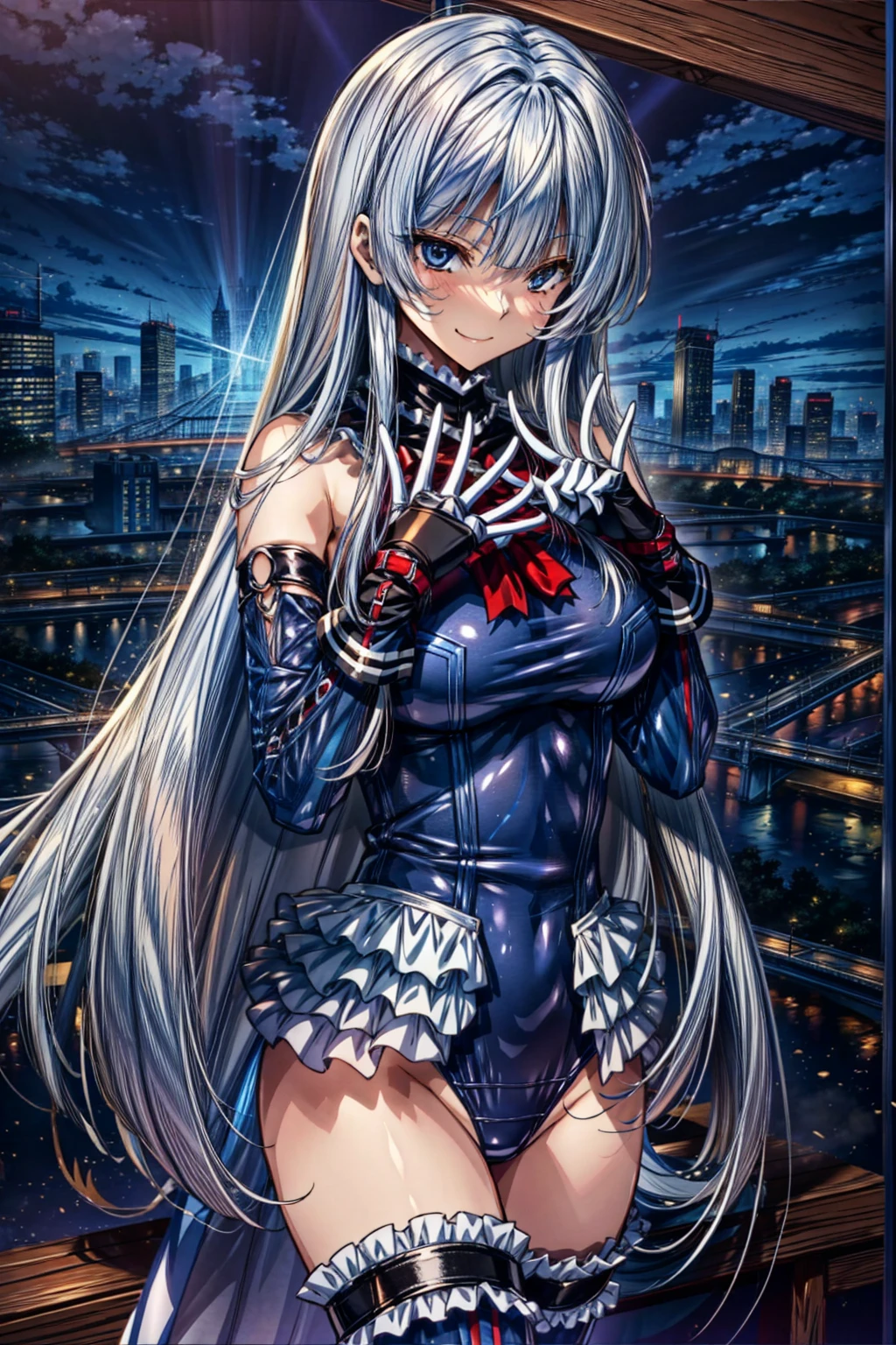 4K,Perfect Anatomy, highest quality, Marie Rose,Wicked Smile,Provocative attitude
,,Wicked Smile,Anime Style,(Ruffled swimsuit, Knee socks, Removed sleeve), (Anime Style:1.4) ,
,(White fingers:1.1,Black gloves),
Hollow Eyes,whole body,1 Girl、(In the research facility:1.2),,(many Wires and many tubes attached to the whole body:1.3),(cameltoe:1.8),(very long hair:1.6),