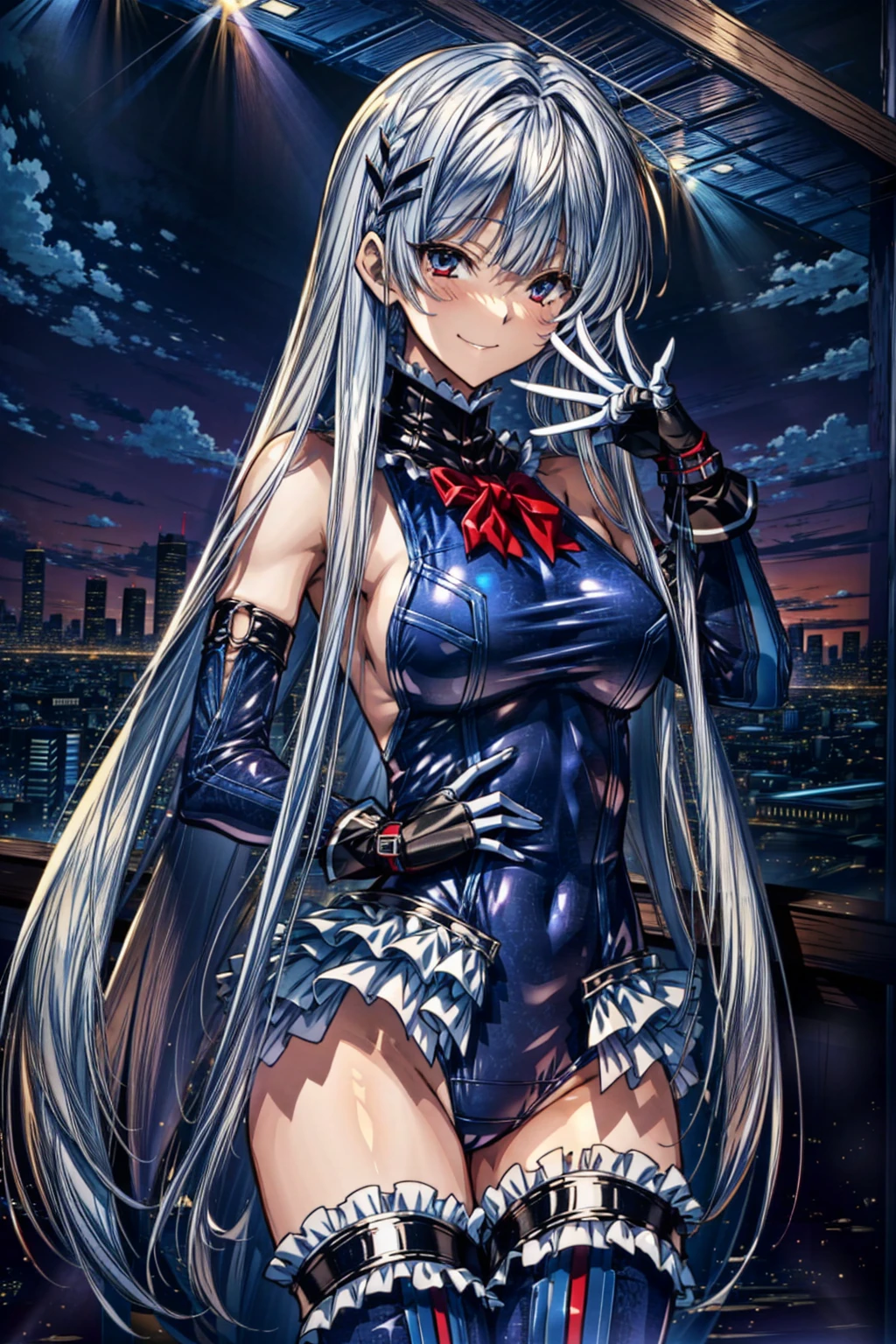 finest masterpiece, Super detailed, Highest quality, Sharp focus, 12k, ultra hi resolution picture, big ,12k,Perfect Anatomy, Highest quality, Marie Rose,Wicked Smile,Provocative attitude
,,evil Smile,Anime Style,(Frilled swimsuit, Knee socks, Removed sleeve), (Anime Style:1.4) ,
,(White fingers:1.1,Black gloves),
Hollow Eyes,,One Girl、(Cyberpunk townscape),,(Very long hair:1.6),(whole body:1.3),
Silver Hair,Full Face Headgear