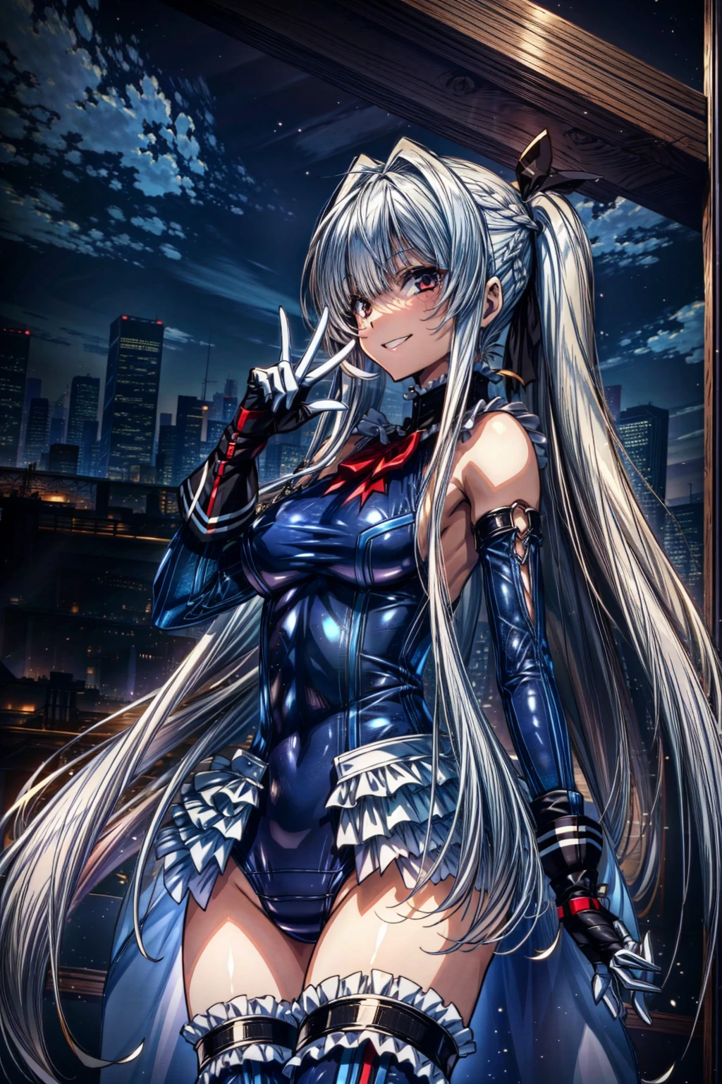 Perfect Anatomy, Highest quality, Rose,,Provocative attitude
(Inside a futuristic base:1.1)(Emotionless,Expressionless:1.4),Anime Style,(Frilled swimsuit, Knee socks, Removed sleeve), (Anime Style:1.4) ,(1 Girl:1.2),
Silver Hair,(White fingers:1.1,Black gloves),Very long hair,evil aura,(sit:1.4),full body,(My whole body is wet:1.4),(stain)