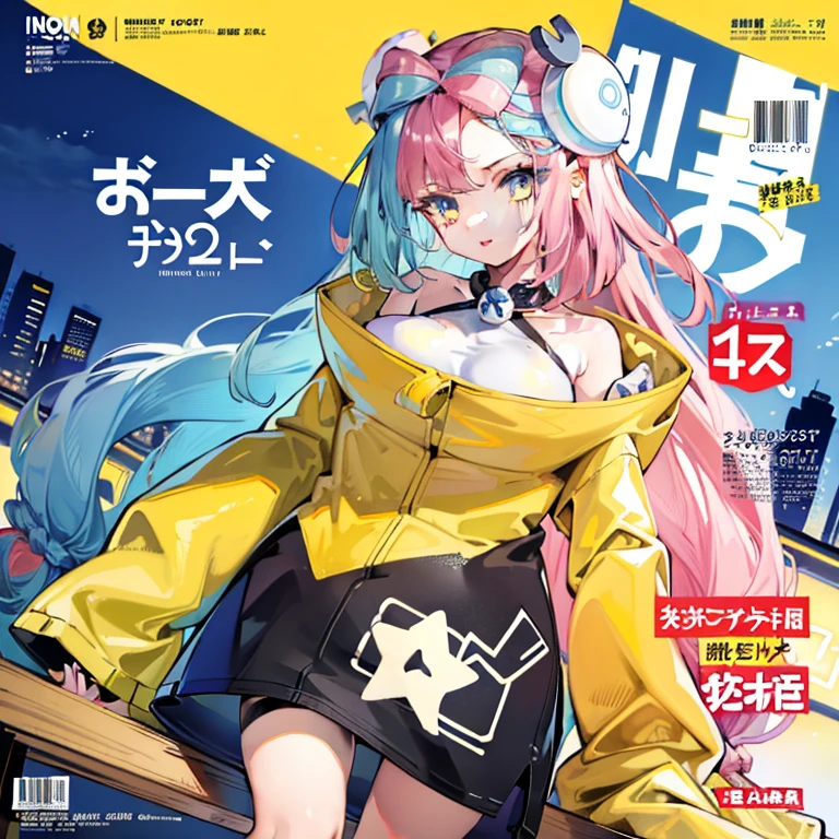 (Magazine Cover:1.7),((masterpiece, highest quality:1.3)),cowboy shot,20 year old beauty,solo,((very small head)),(((long body))),pink hair,long hair,pink eyes,bangs,white headphone,medium breasts,slender body,skinny,shiny skin,oily skin,sweat:1.3,Little devilish smile、White crop tank top、navel、Pink pleated exy pose、on street,Shibuya、neon、Tokyo、
