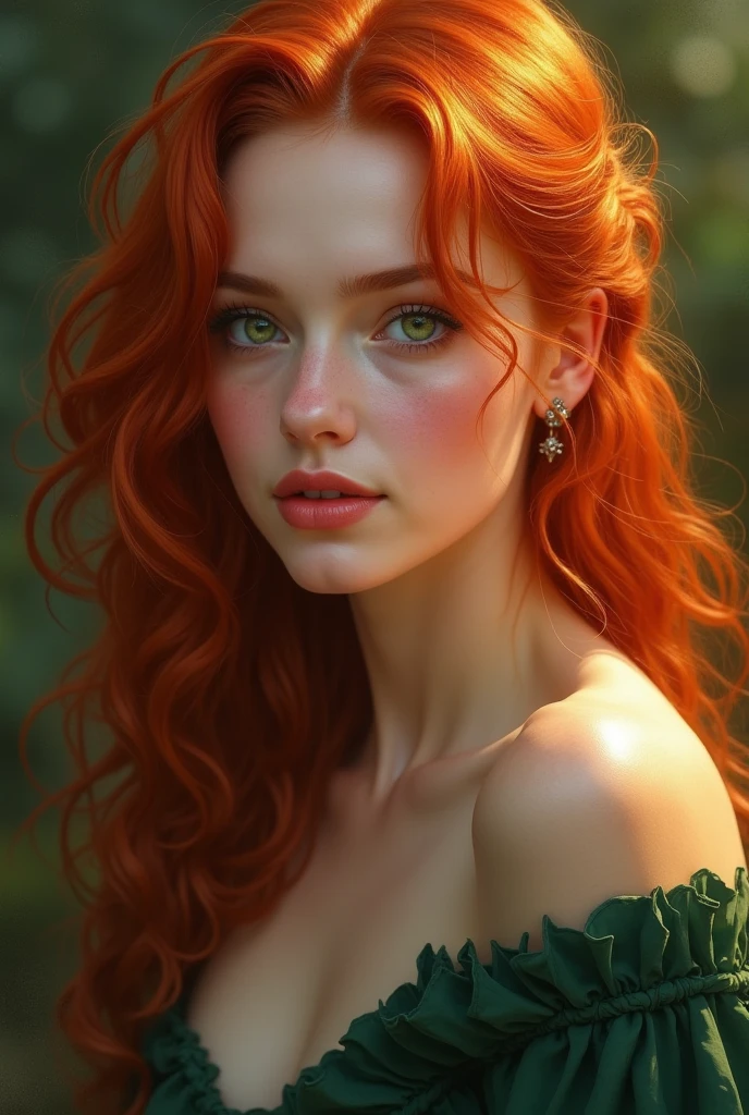 A woman of approximately 2. Her hair is red and wavy. has outlined curves. Your eyes are emerald green.