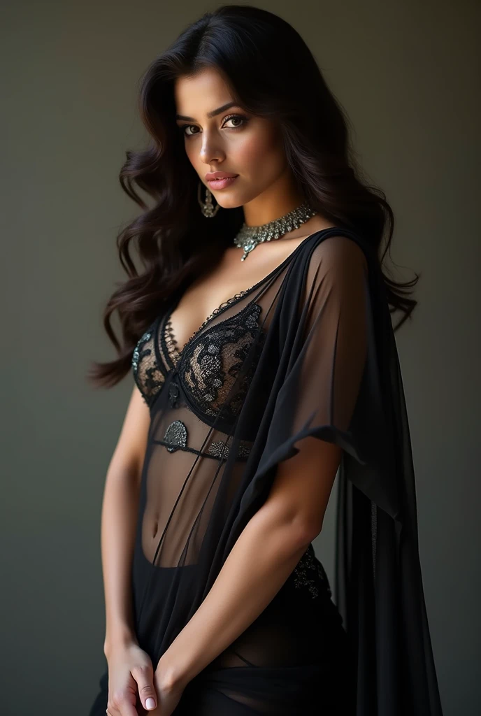 1girl in, age 45, Square face, Long hair, Looking at Viewer, jewelry, Realistic, A sexy, Lace Dress outfits, multicolored outfits, steppe background, free pose