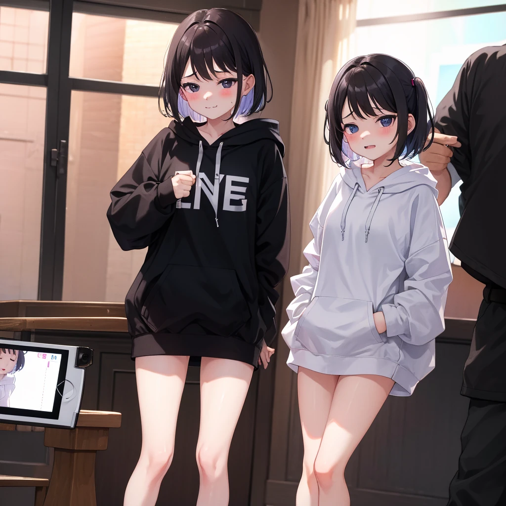 ((Masterpiece)), ((best quality)), (super detail:1.2), (High Definition:1.3), (Professional Photography:1.2), 8K, profile, (2girls:1.3), (Back-to-back girls:1.3), (Healthy Slender body), Cute age Beautiful Girl, Slender body, Textured skin, cinematic lighting,（messy medium bob), (purple hair), put on Black bunny ears, Pretty oversized pink hoodie, bloody, Tattered short trousers of jeans fabric, (sparkle Eyes),  (waving hand), on Eerie white concrete room, blush, (Big purple eyes), Open mouth wide, crazy smile, (sharp focus), (perfect light),