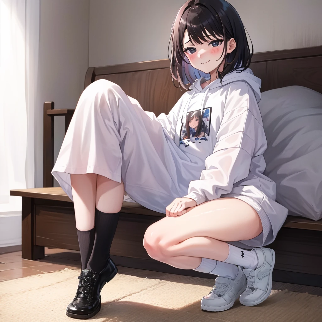 absurdres, RAW photo, extremely delicate and beautiful, masterpiece, Best Quality, ultra high resolution, 32k, hyperrealistic, ultra-detailed, delicate facial features, beautiful detailed woman, tearful mole, earring, medium breasts, (full body shot), medium hair, black hair, hoodie, sportswear,