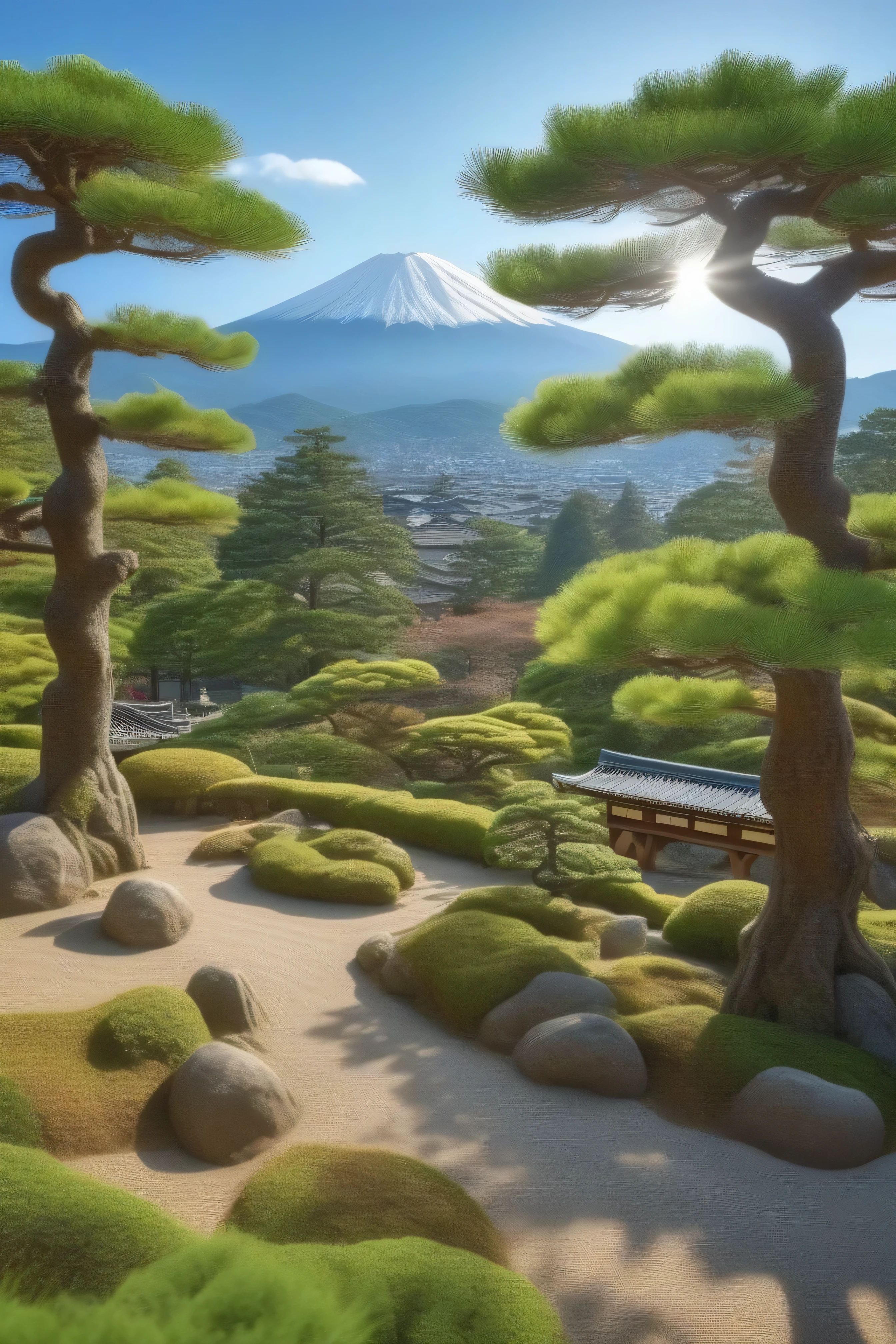 Japanese Scenery,Garden view ,fantastic,pine tree,Realistic scenery built into the details,4K High Resolution,HDR,studio lighting,Superb realism