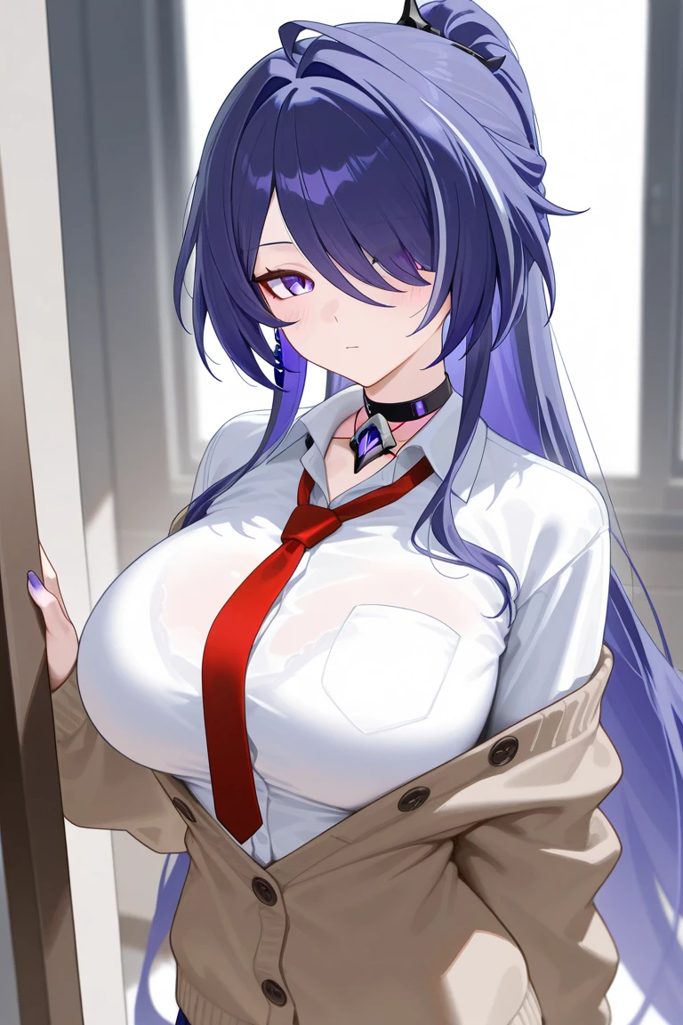 1Raiden shogun, large breasts,clothes in mouth, cleavage, navel, t-shirt, ((bra)),clothes lift, shirt in mouth,