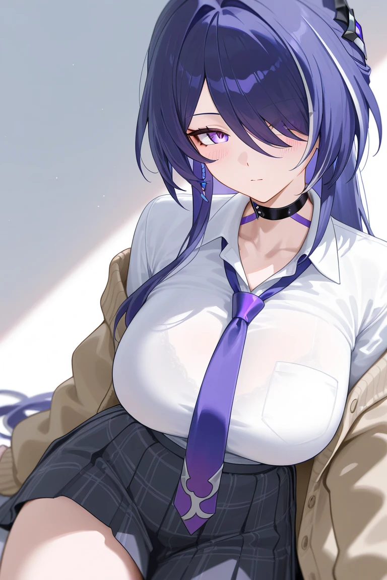 ((masterpiece, best quality)),8k,indoor ,1raiden shogun,mouth_hold,(white shirt:1.2) ,looking at viewer,slim waist,black bra, use pantyhose